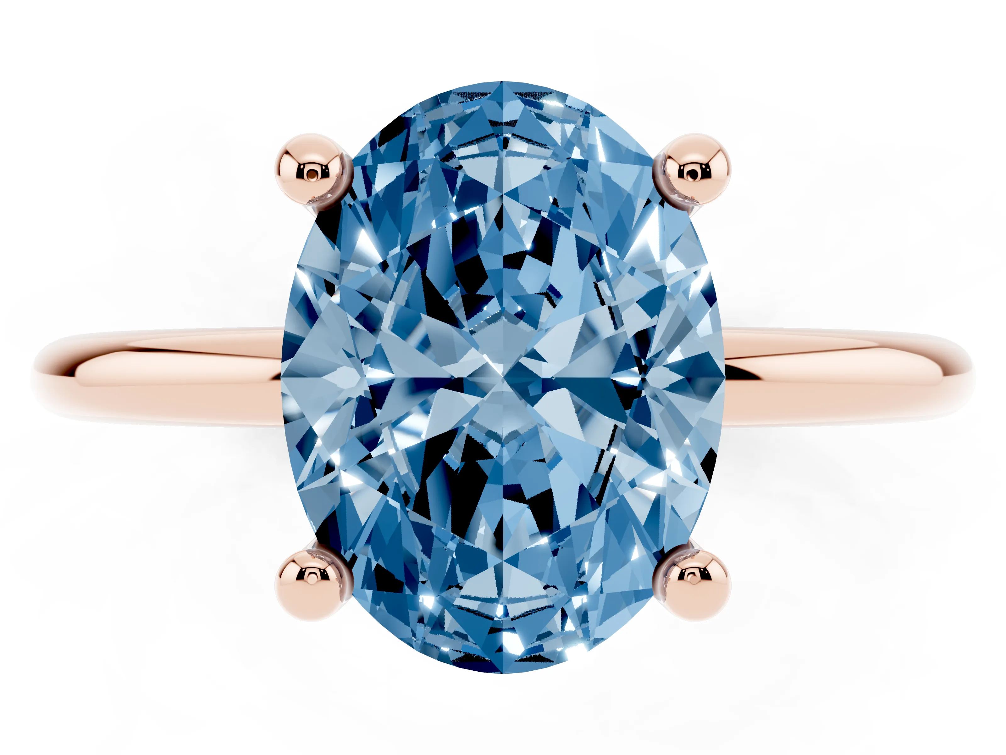 Fancy Blue Oval Cut Diamond Solitaire Ring Set in Rose gold with Secure Prong Setting on a Classic Band