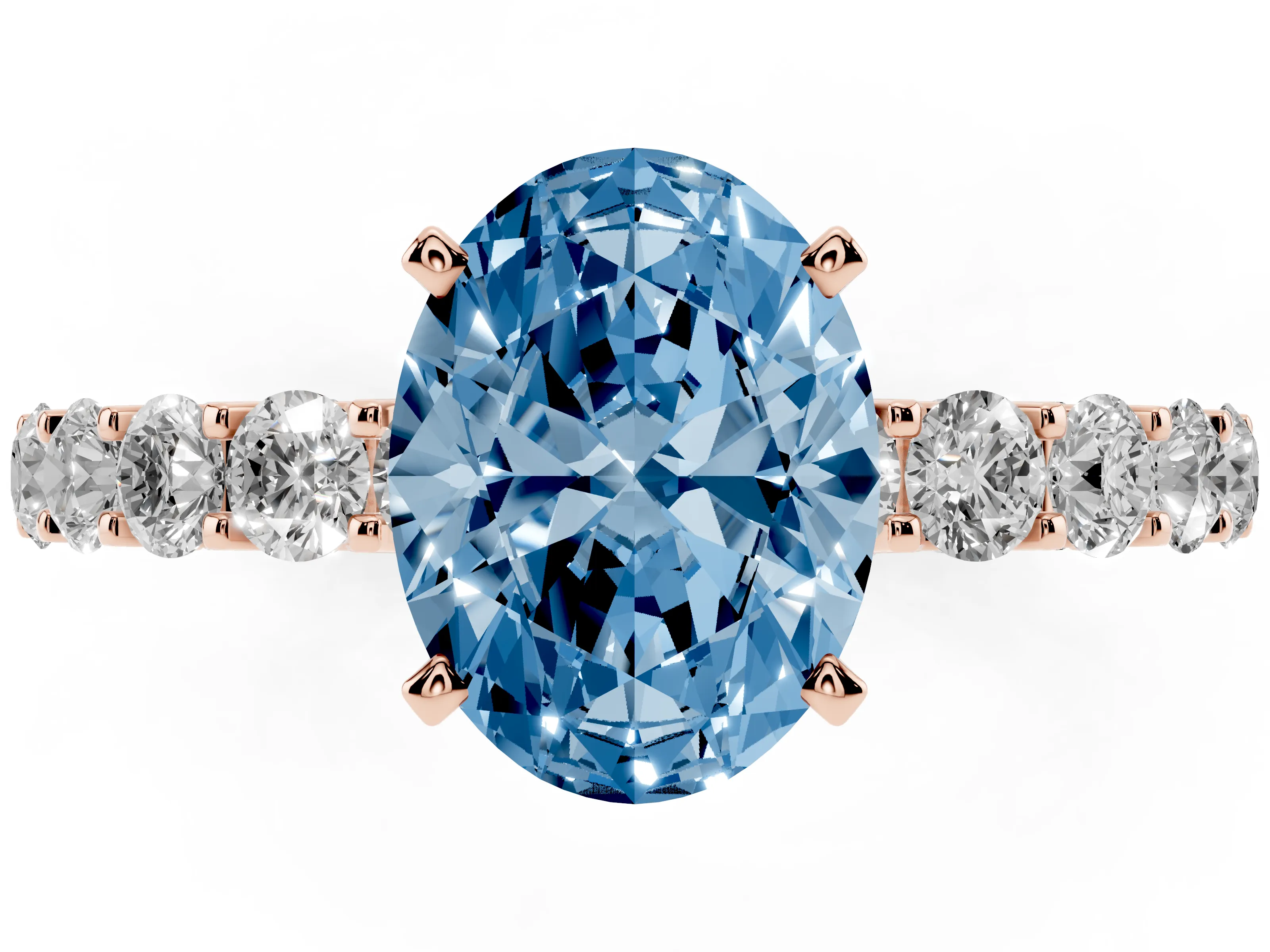 Fancy Blue Oval Cut Diamond Solitaire Ring Set in Rose gold with Shared Prong Pavé Band
