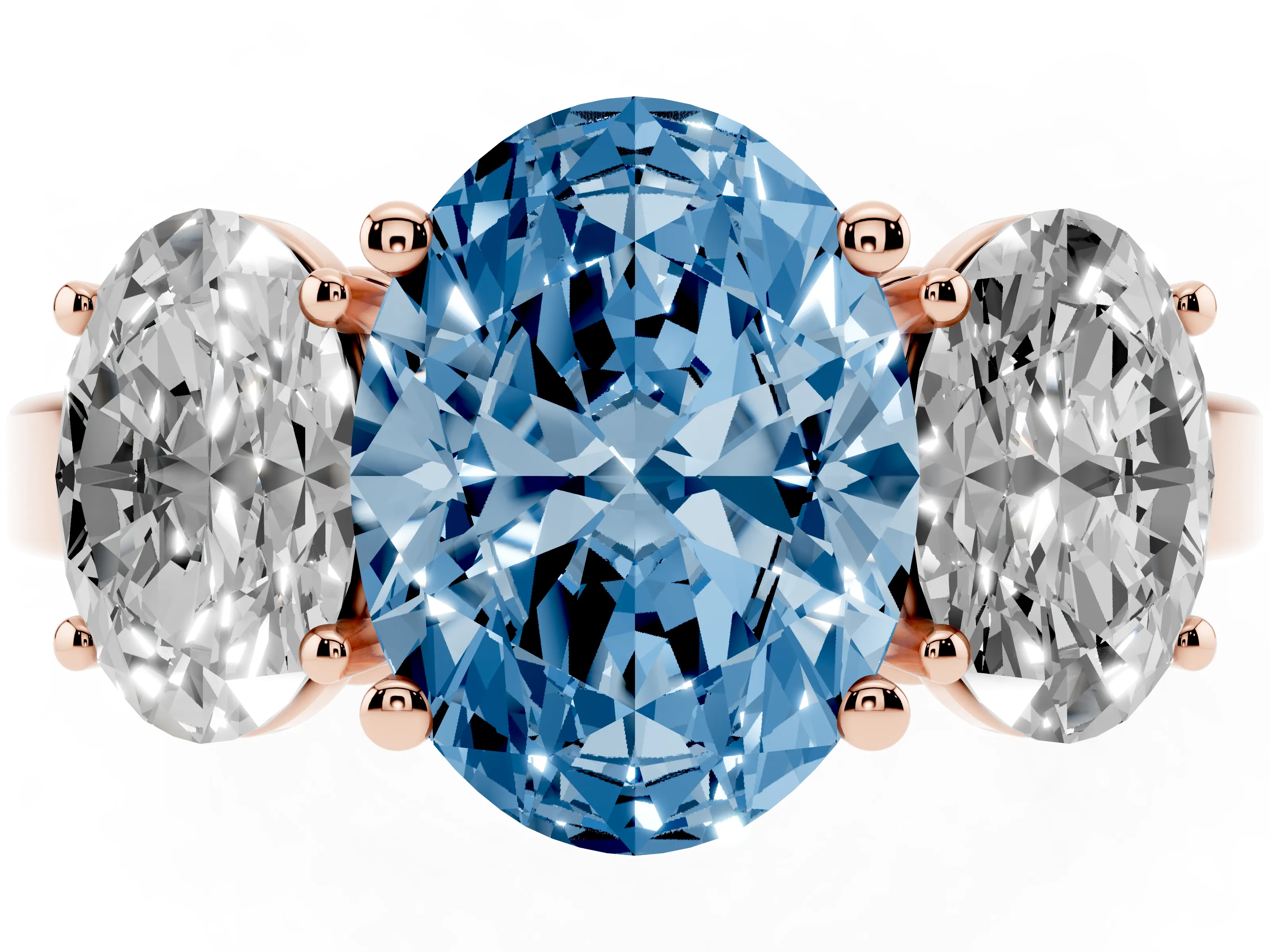 Fancy Blue Oval Cut Diamond Three-Stone Engagement Ring Set in Rose gold with Flat Band