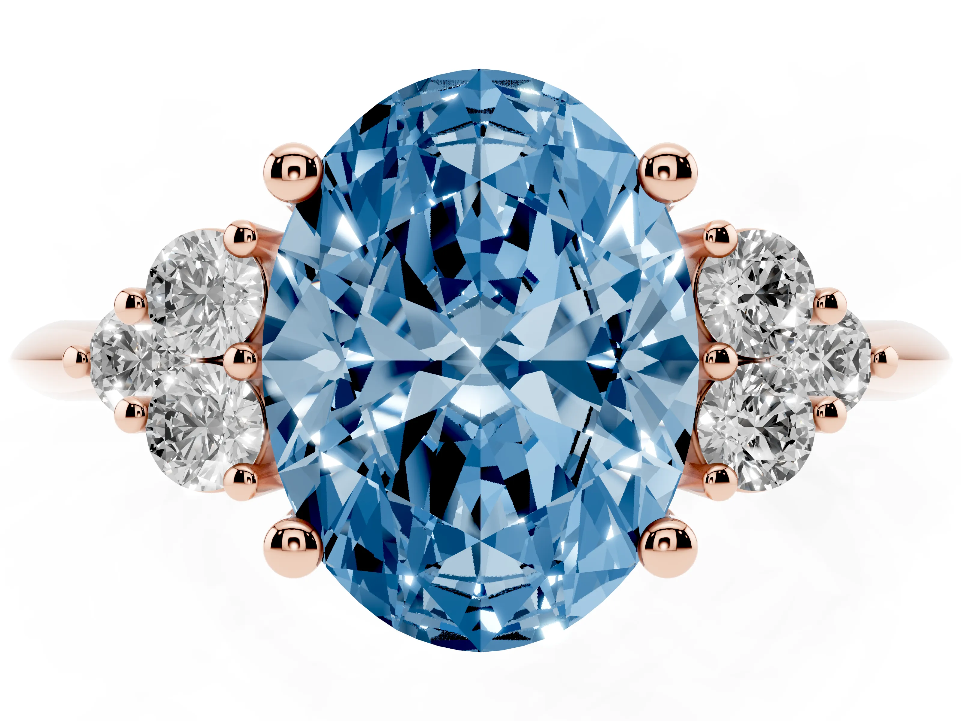 Fancy Blue Oval Cut Diamond Cluster Ring Set in Rose gold with Plain Band and Prong Setting