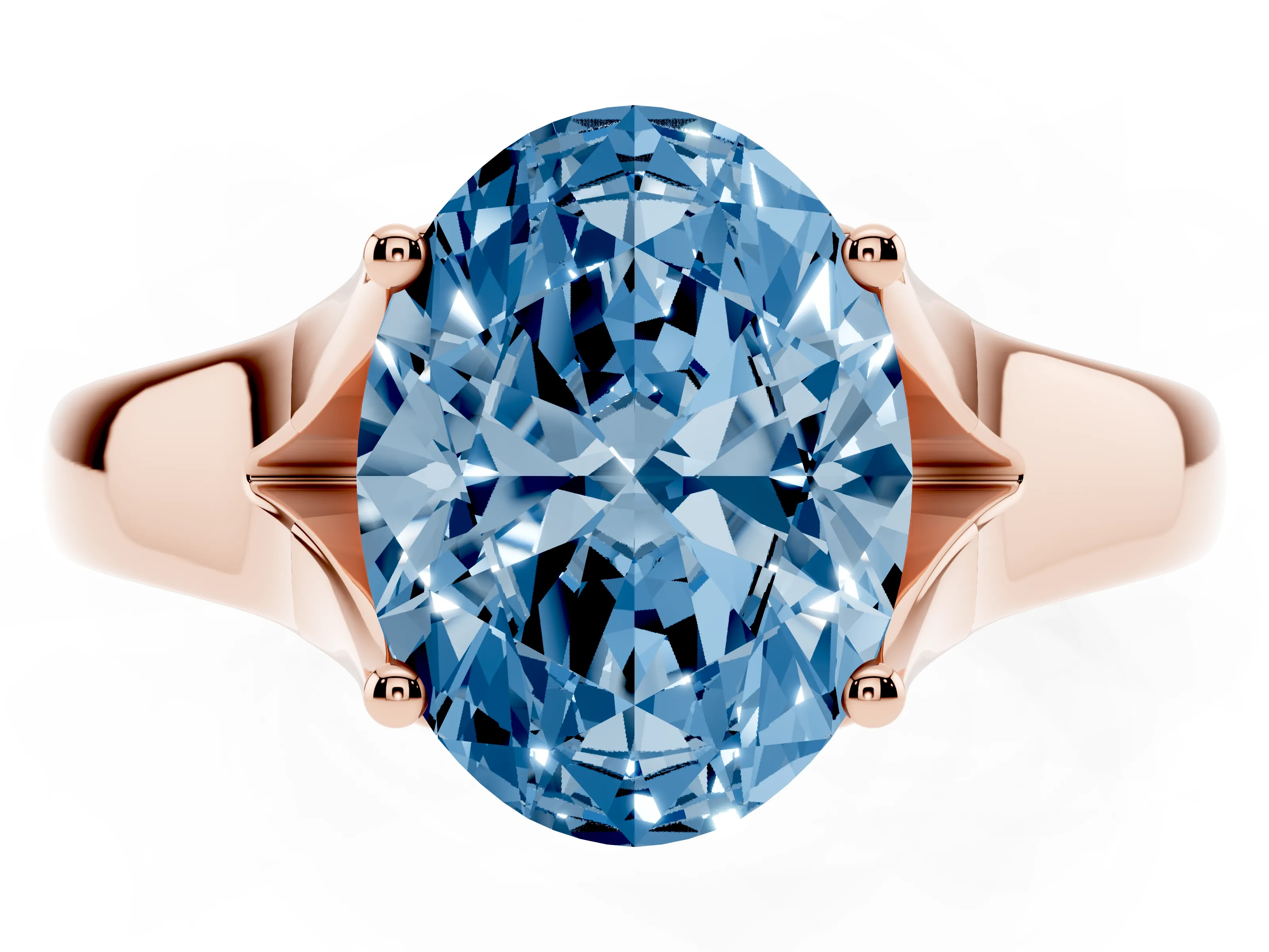 Fancy Blue Oval Cut Diamond Solitaire Ring Set in Rose gold with Arched Cathedral Band and Prong Setting