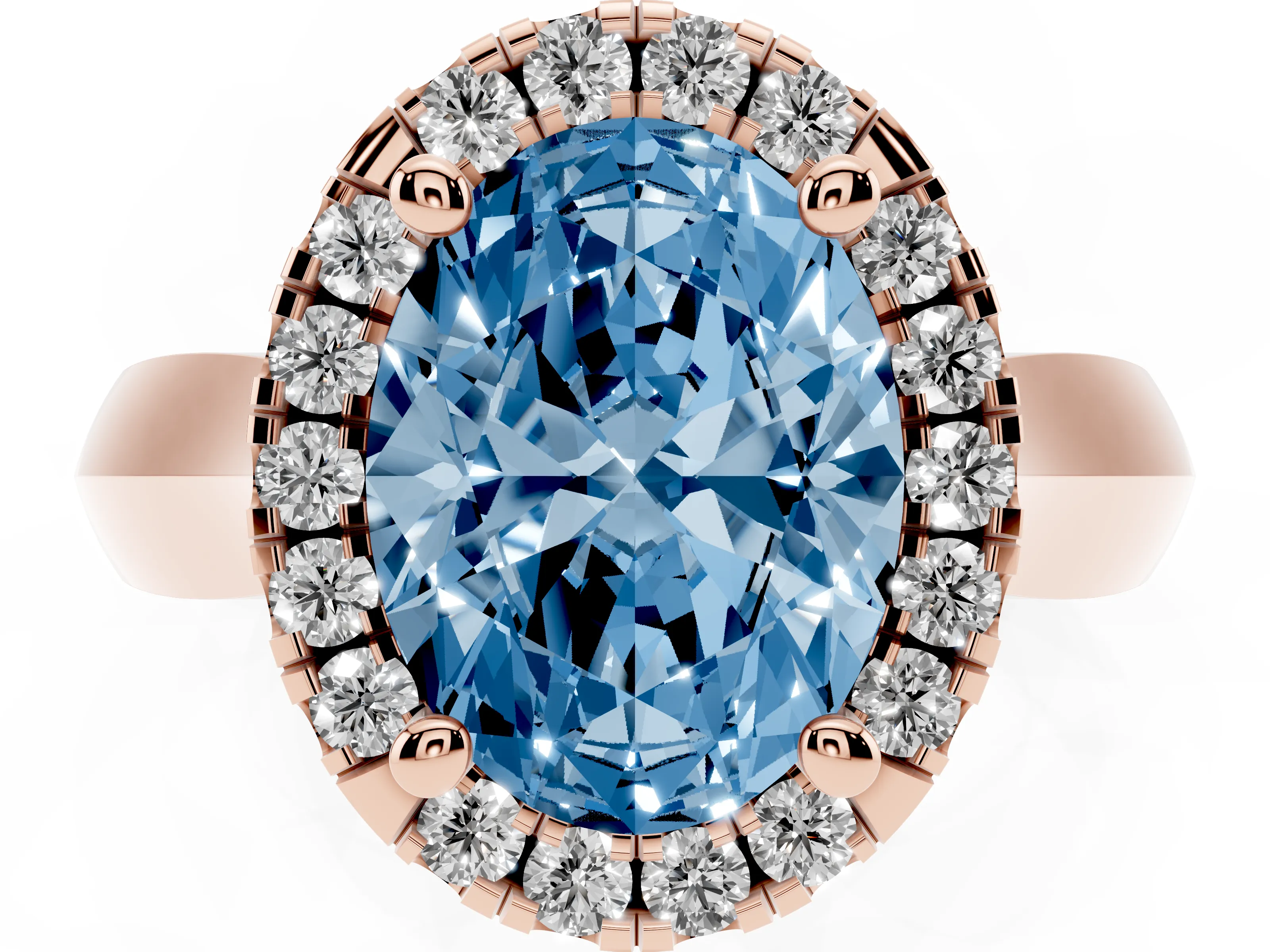 Fancy Blue Oval Cut Diamond Halo Solitaire Engagement Ring Set in Rose gold with Square Band and Prong Setting