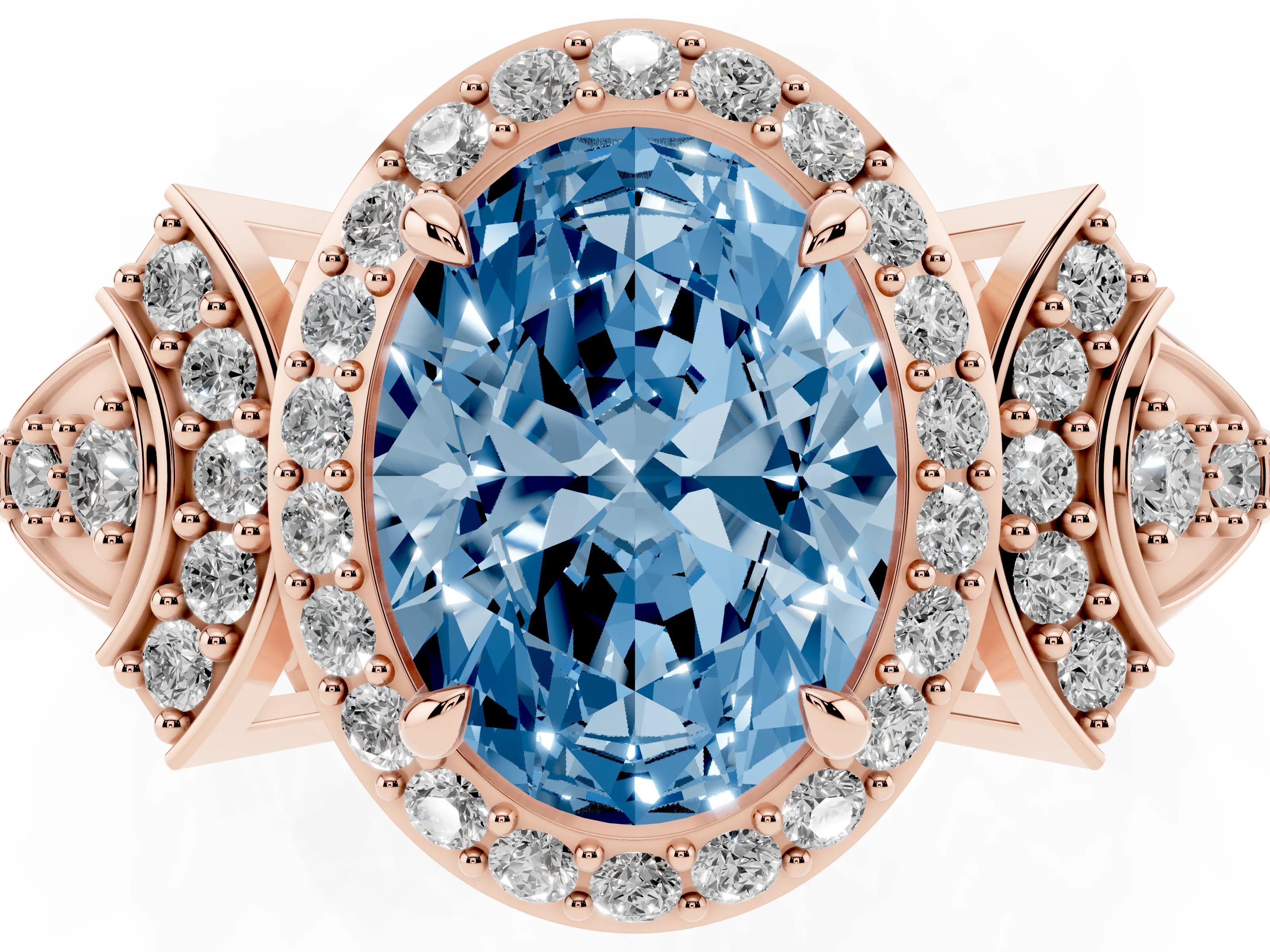 Fancy Blue Oval Cut Diamond Halo Engagement Ring Set in Rose gold with Accent Stone Split Shank