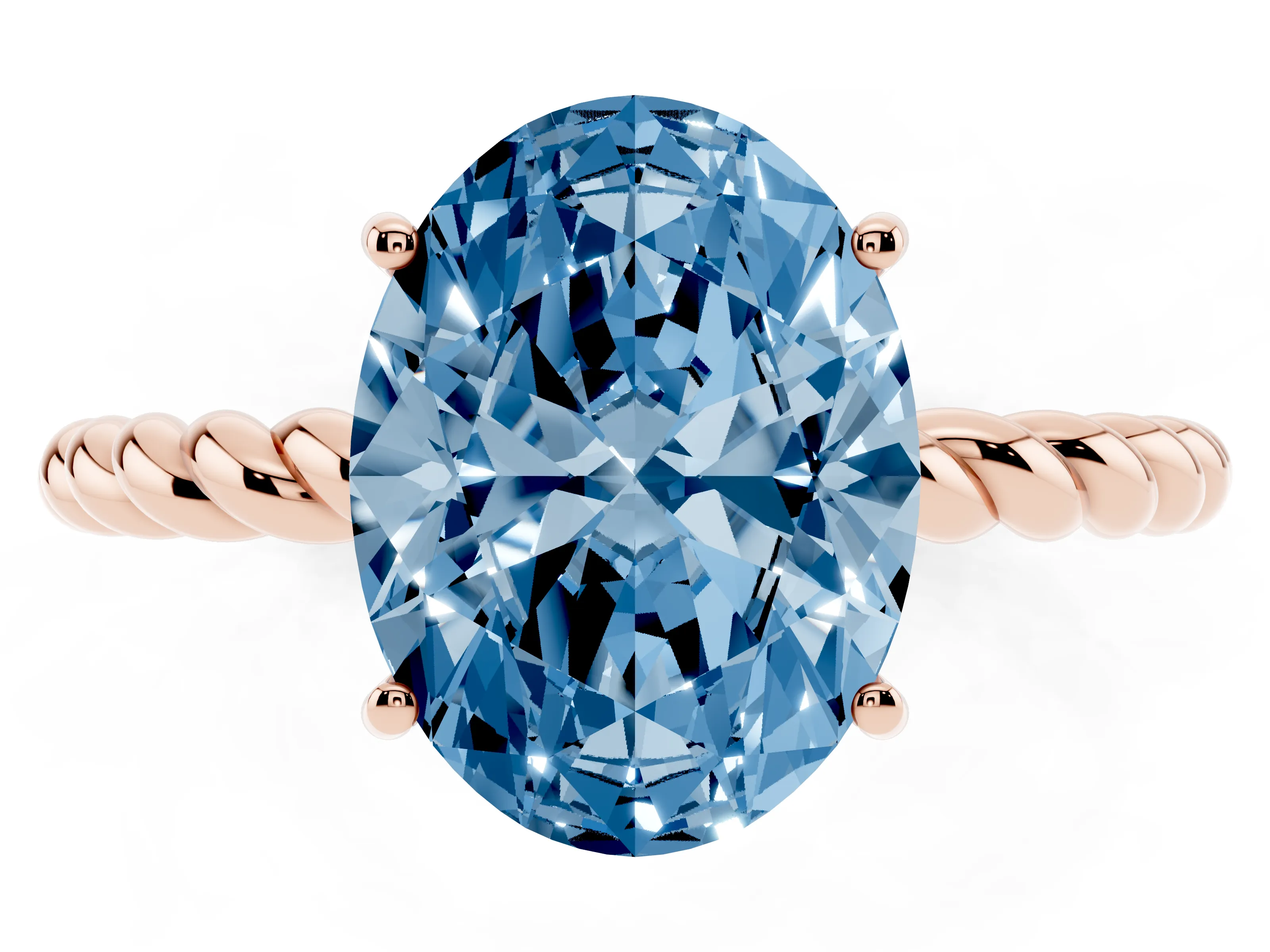 Fancy Blue Oval Cut Diamond Solitaire Ring Set in Rose gold with Twist Band and Prong Setting