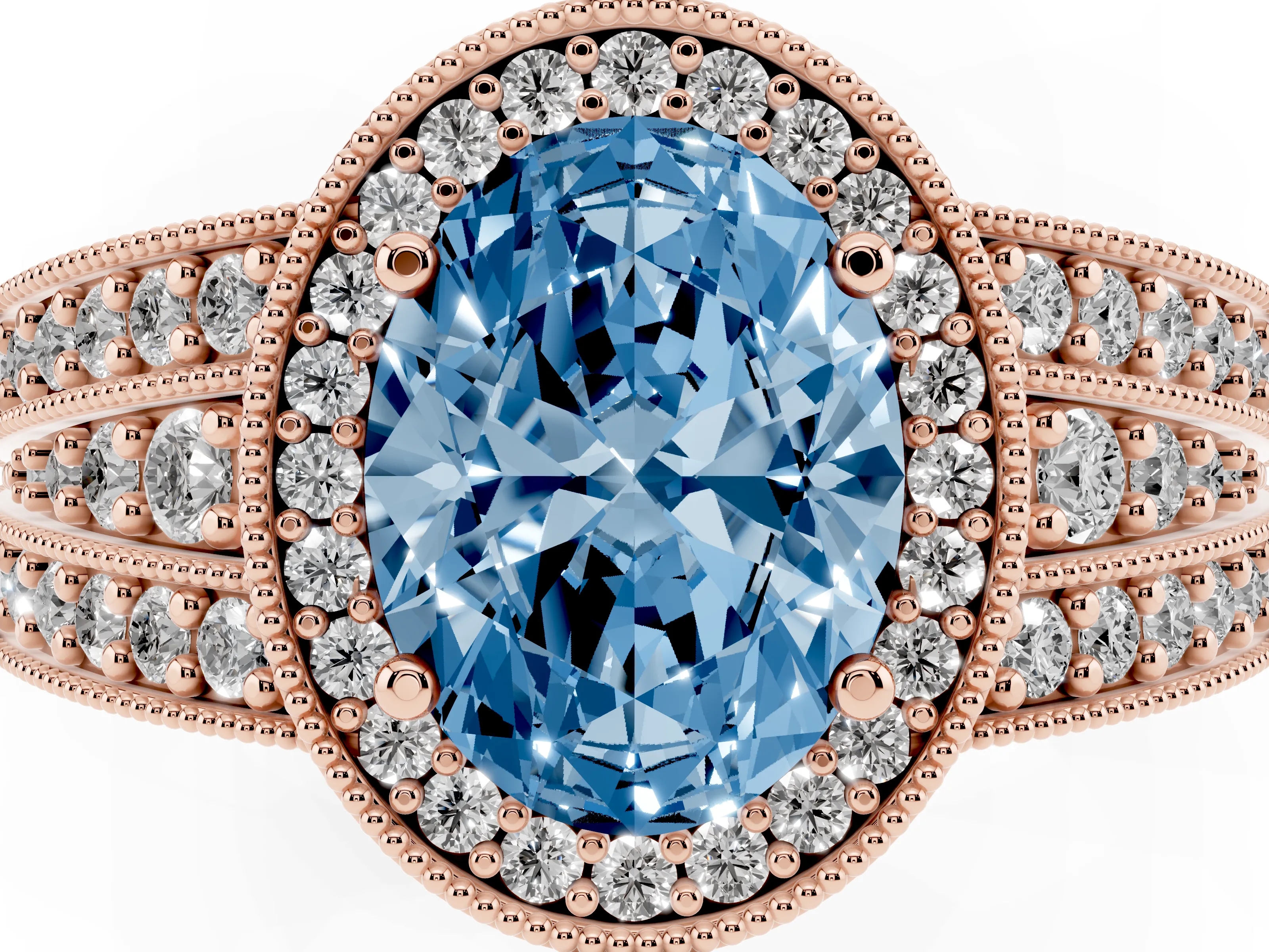 Fancy Blue Oval Cut Diamond Halo Ring Set in Rose gold with Accent Split Shank and Prong Setting