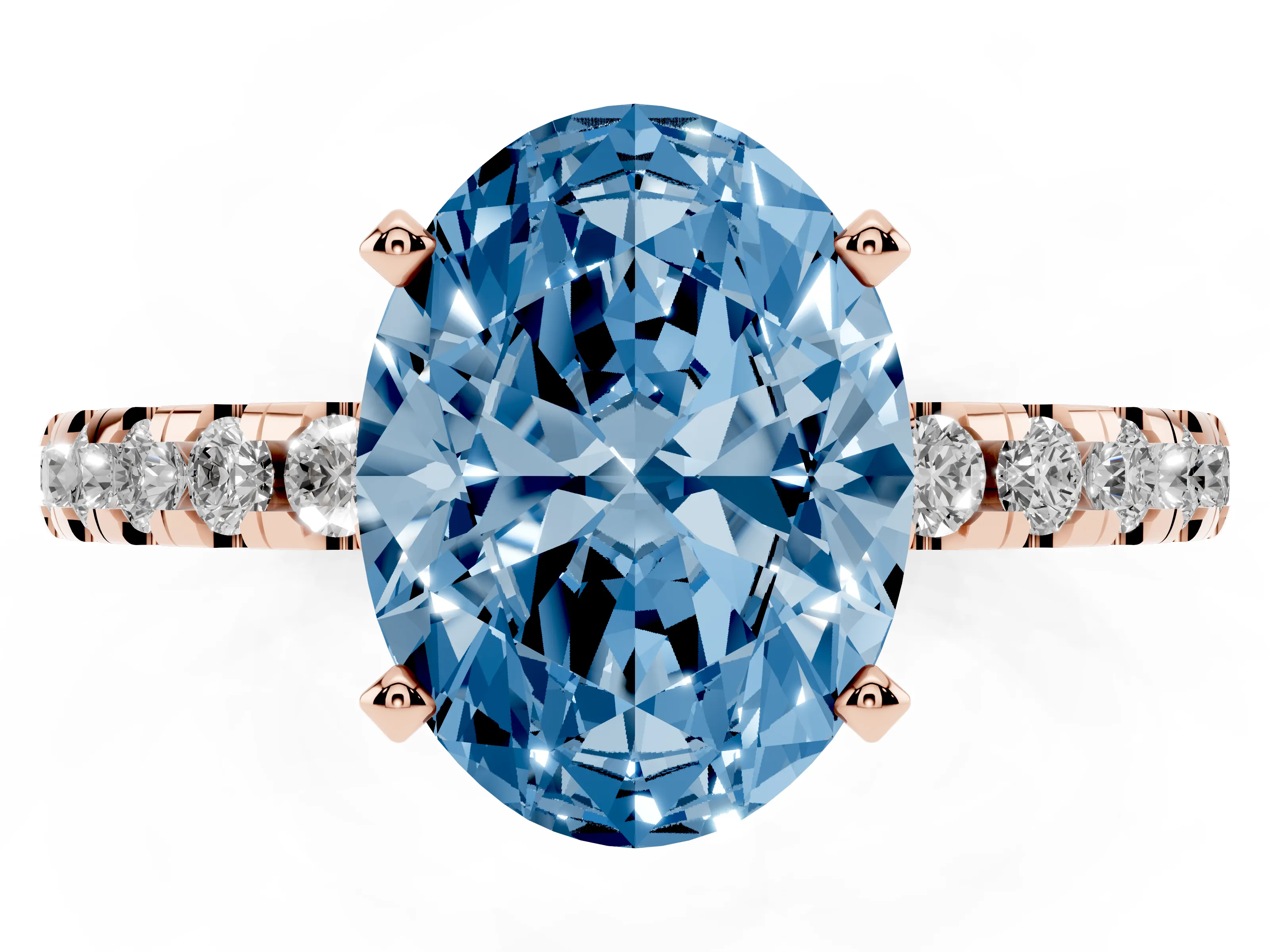 Fancy Blue Oval Cut Diamond Pavé Solitaire Ring Set in Rose gold with Round Band Accents and Prong Setting