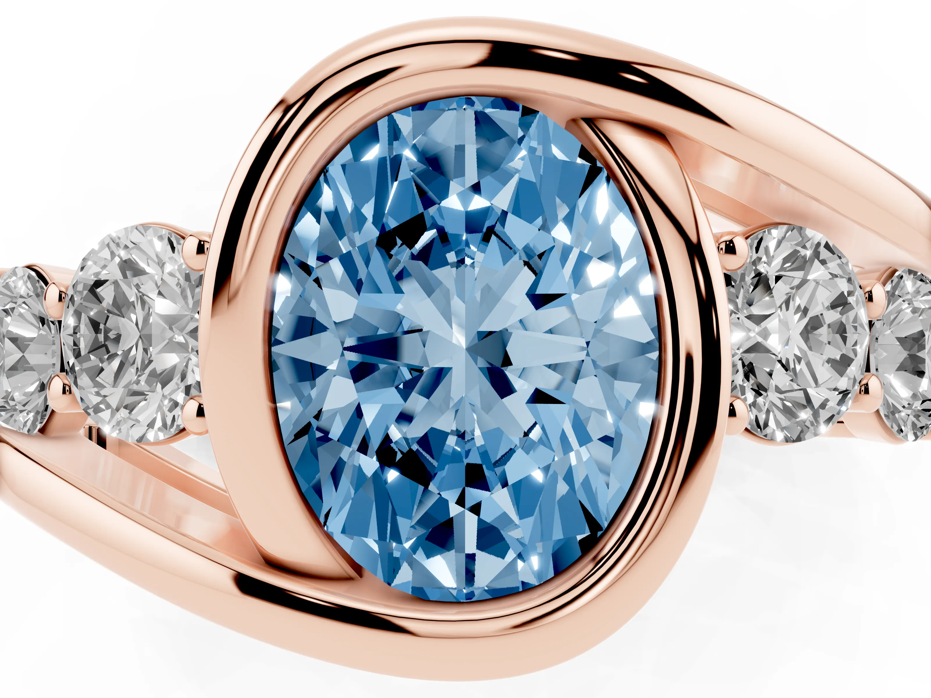 Fancy Blue Oval Cut Diamond Bezel Bypass Ring Set in Rose gold with Round Accents