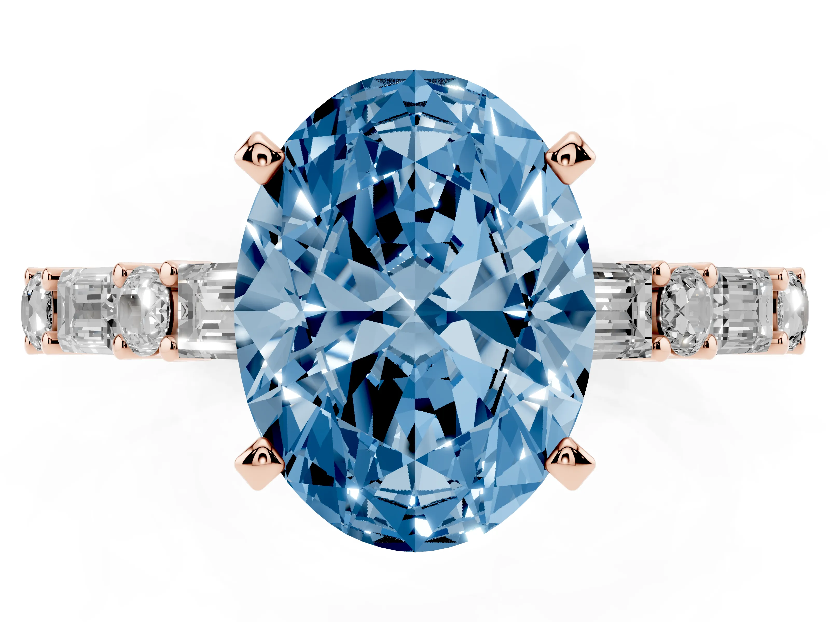 Fancy Blue Oval Cut Diamond Solitaire Set in Rose gold with Side Baguettes and Channel Set Band