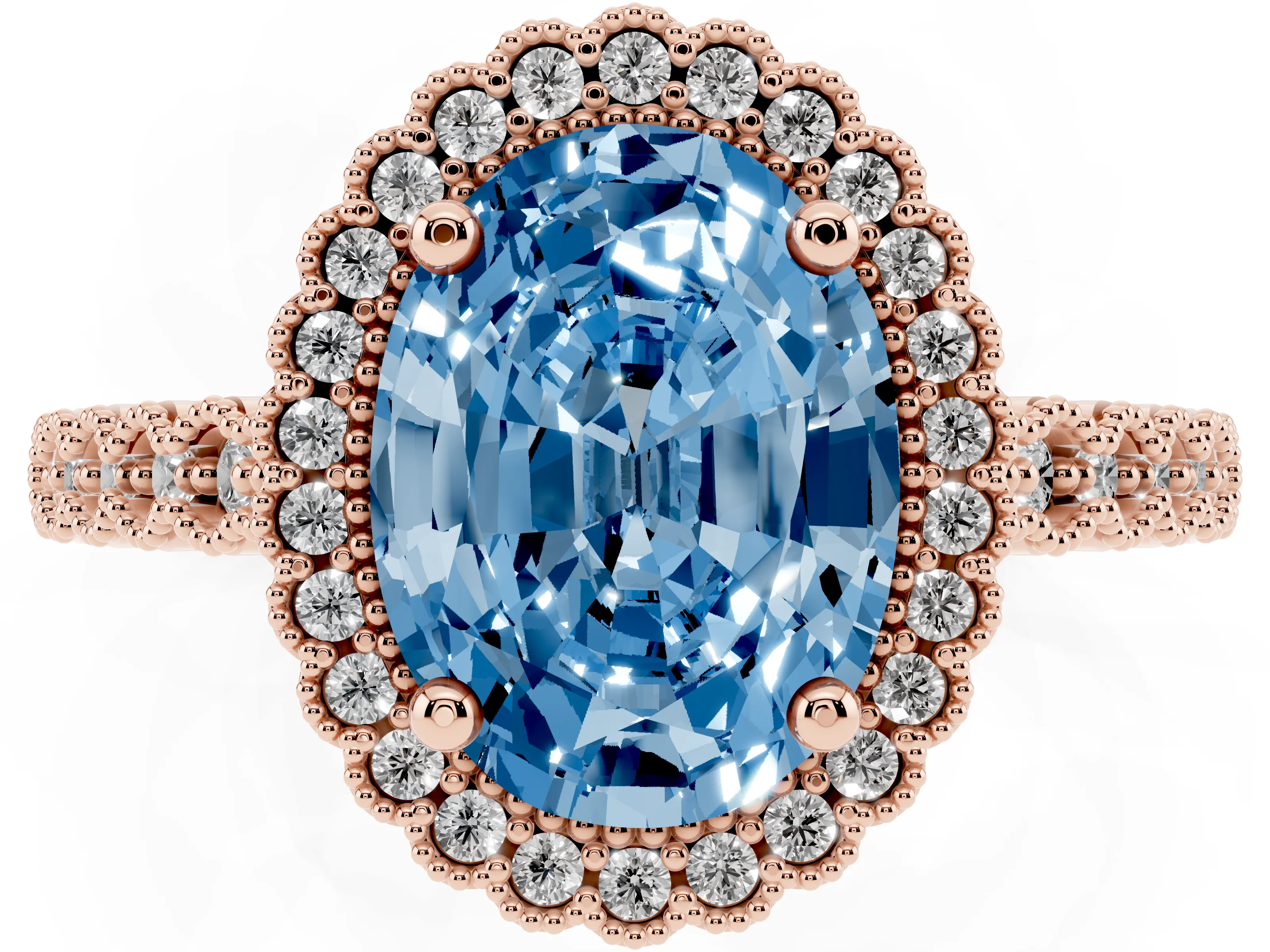 Fancy Blue Oval Cut Diamond Halo Ring Set in Rose gold with Pavé Milgrain Band
