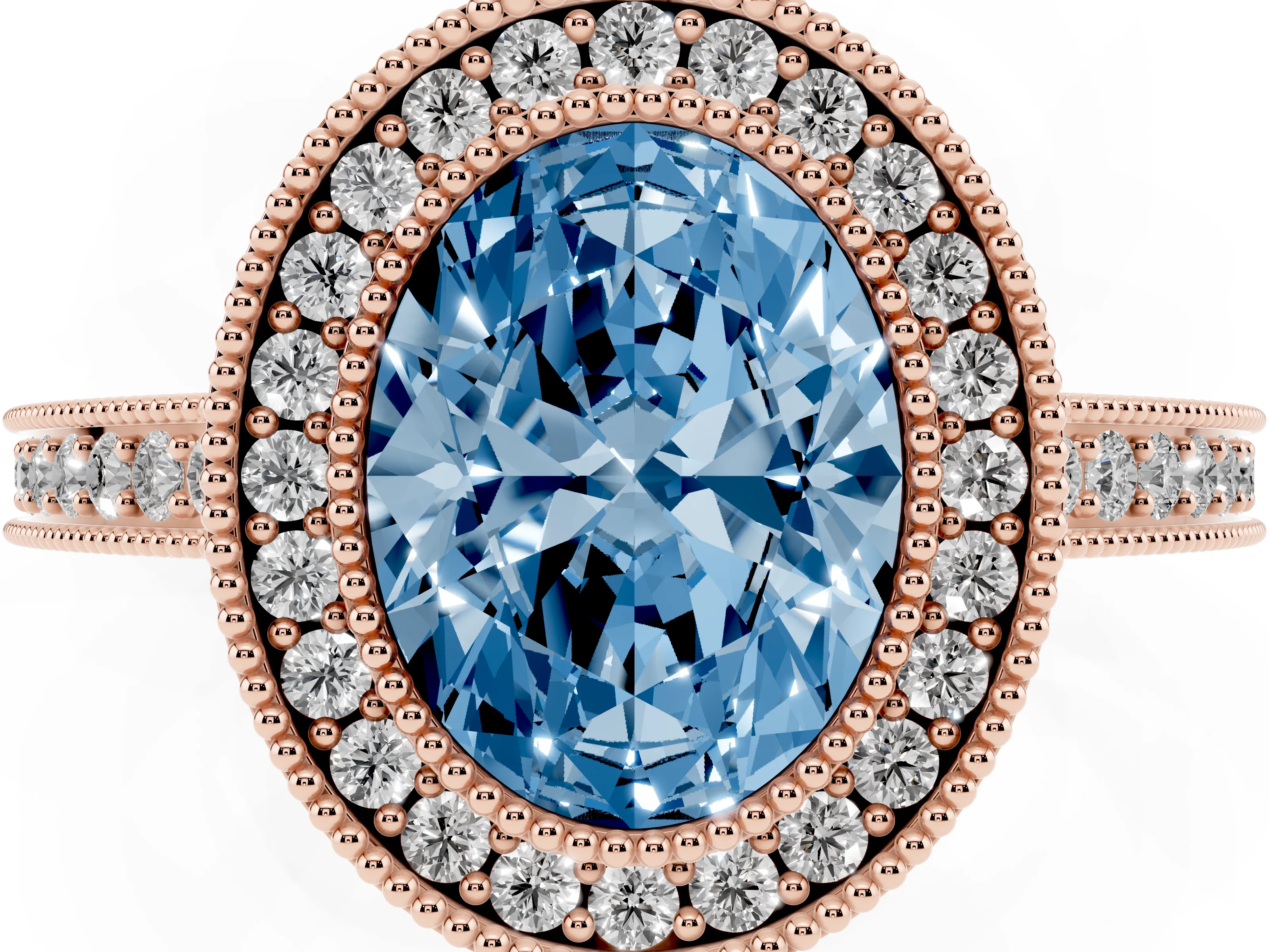 Fancy Blue Oval Cut Diamond Round Halo Ring Set in Rose gold with Pavé Band