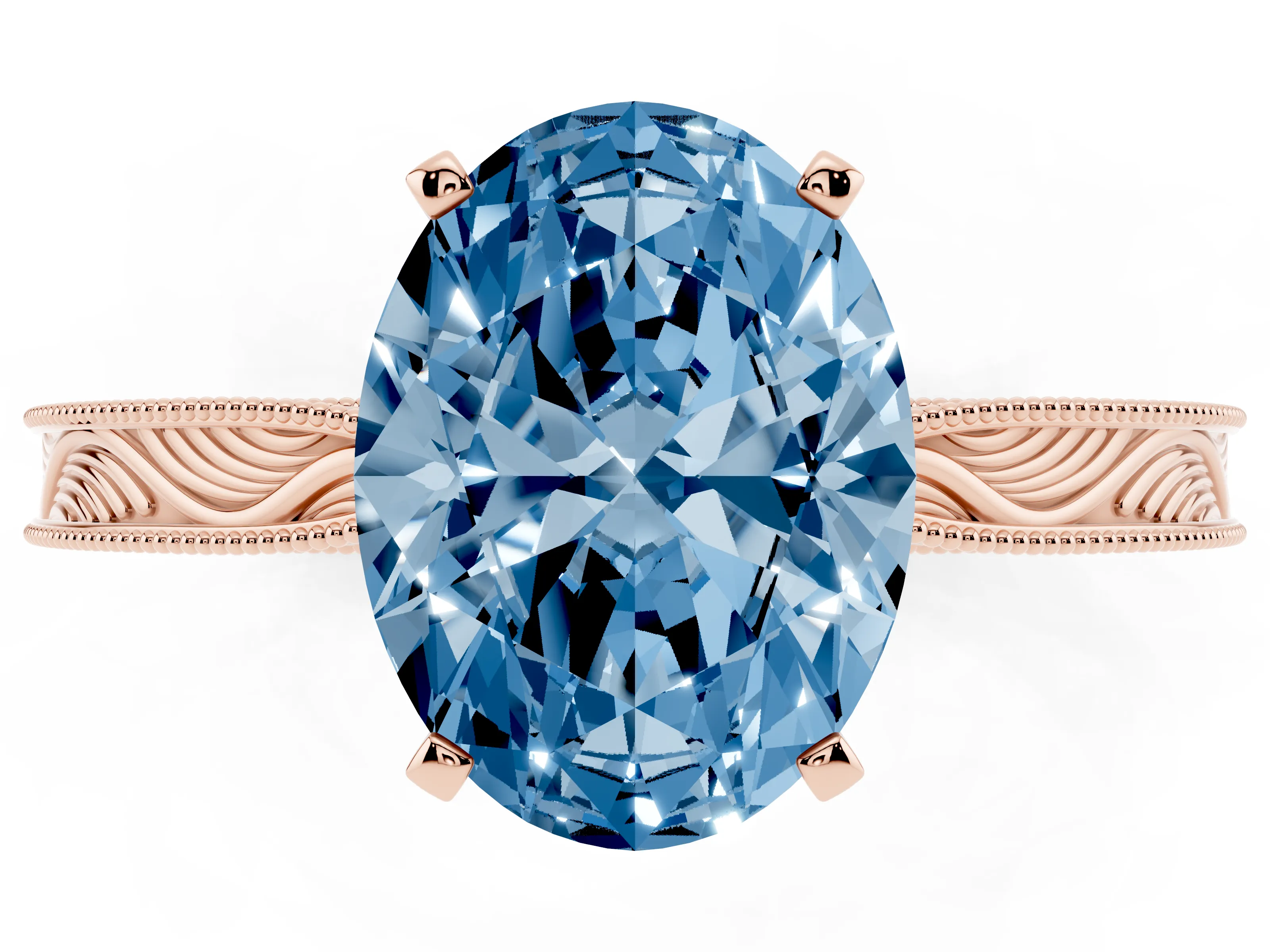 Fancy Blue Oval Cut Diamond Solitaire Milgrain Engraved Band Set in Rose gold with Prong Setting