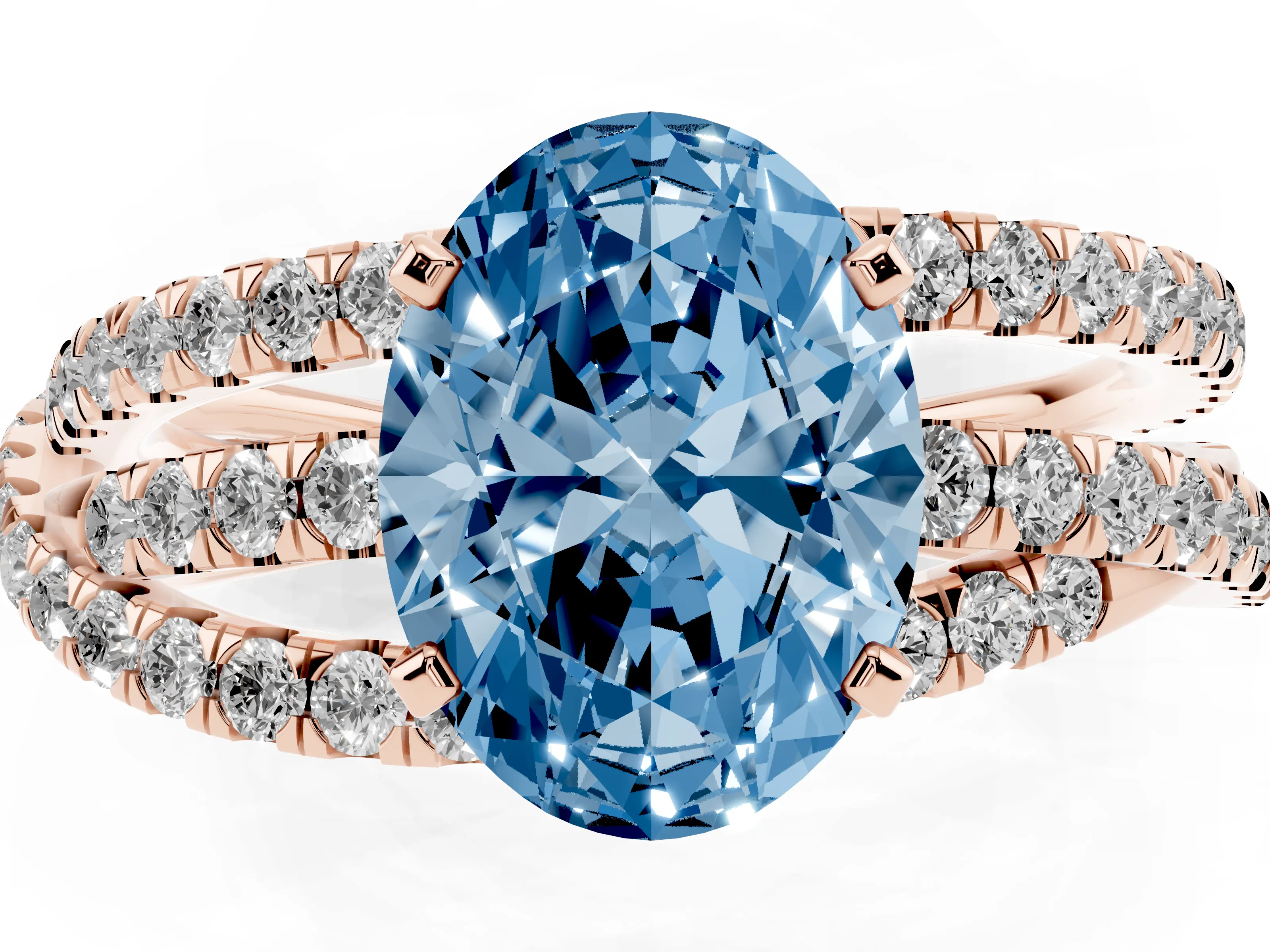 Fancy Blue Oval Cut Diamond Solitaire Twist Band Ring Set in Rose gold with Pavé Setting and Prong Head