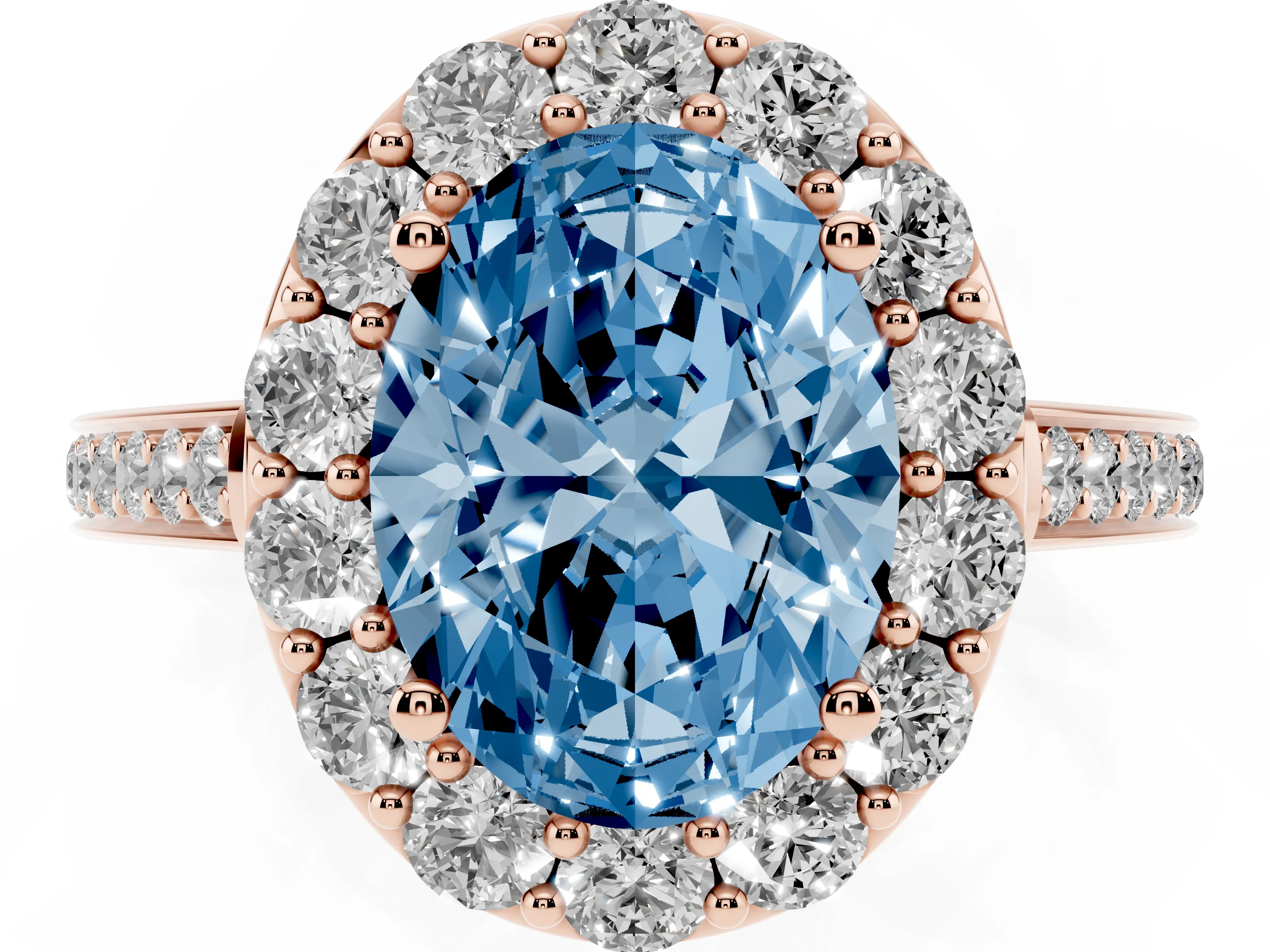 Fancy Blue Oval Cut Diamond Floral Halo Ring Set in Rose gold with Pavé Band and Prong Setting