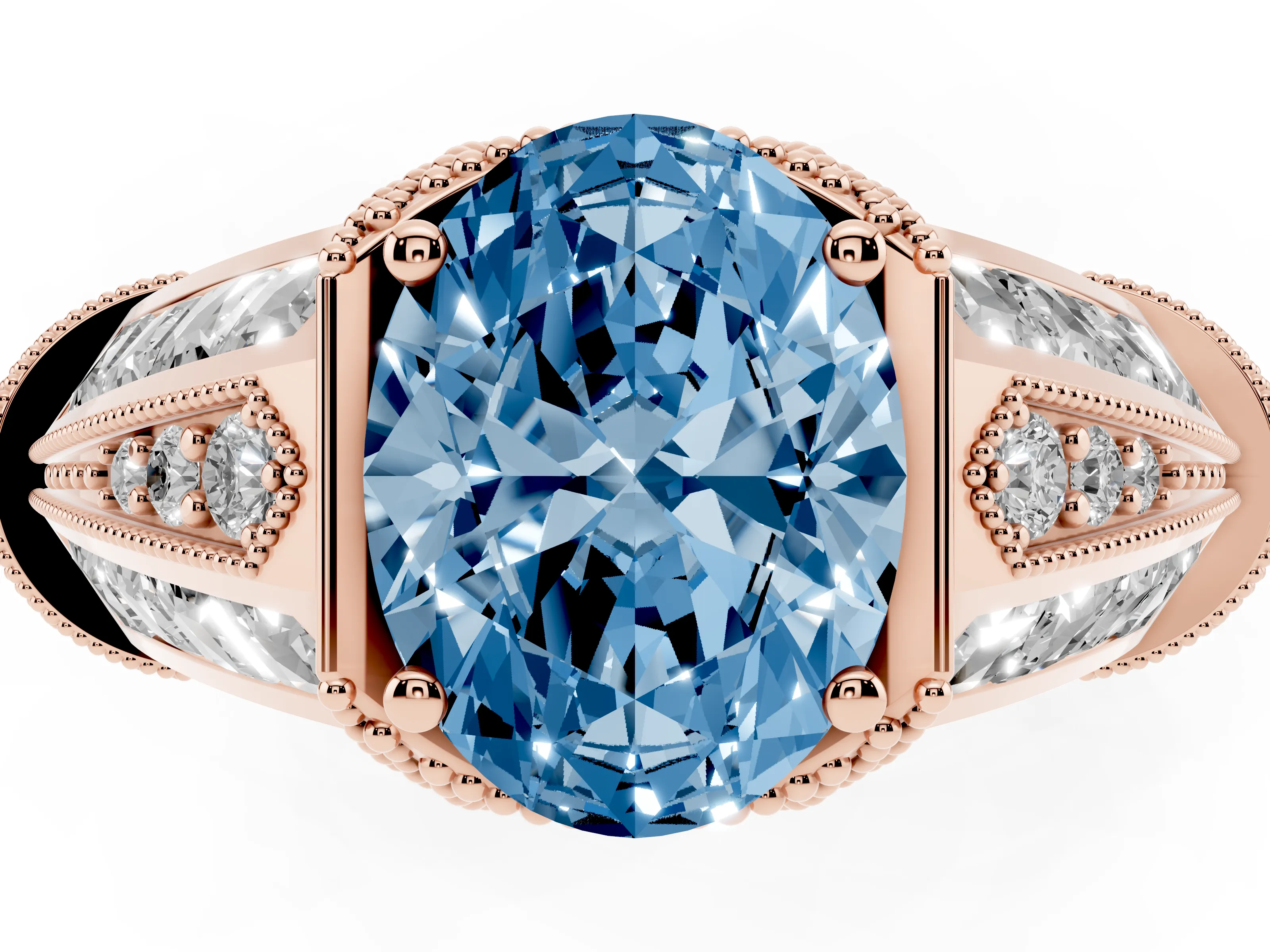 Fancy Blue Oval Cut Diamond Vintage-Inspired Milgrain Ring Set in Rose gold with Accent Split Shank