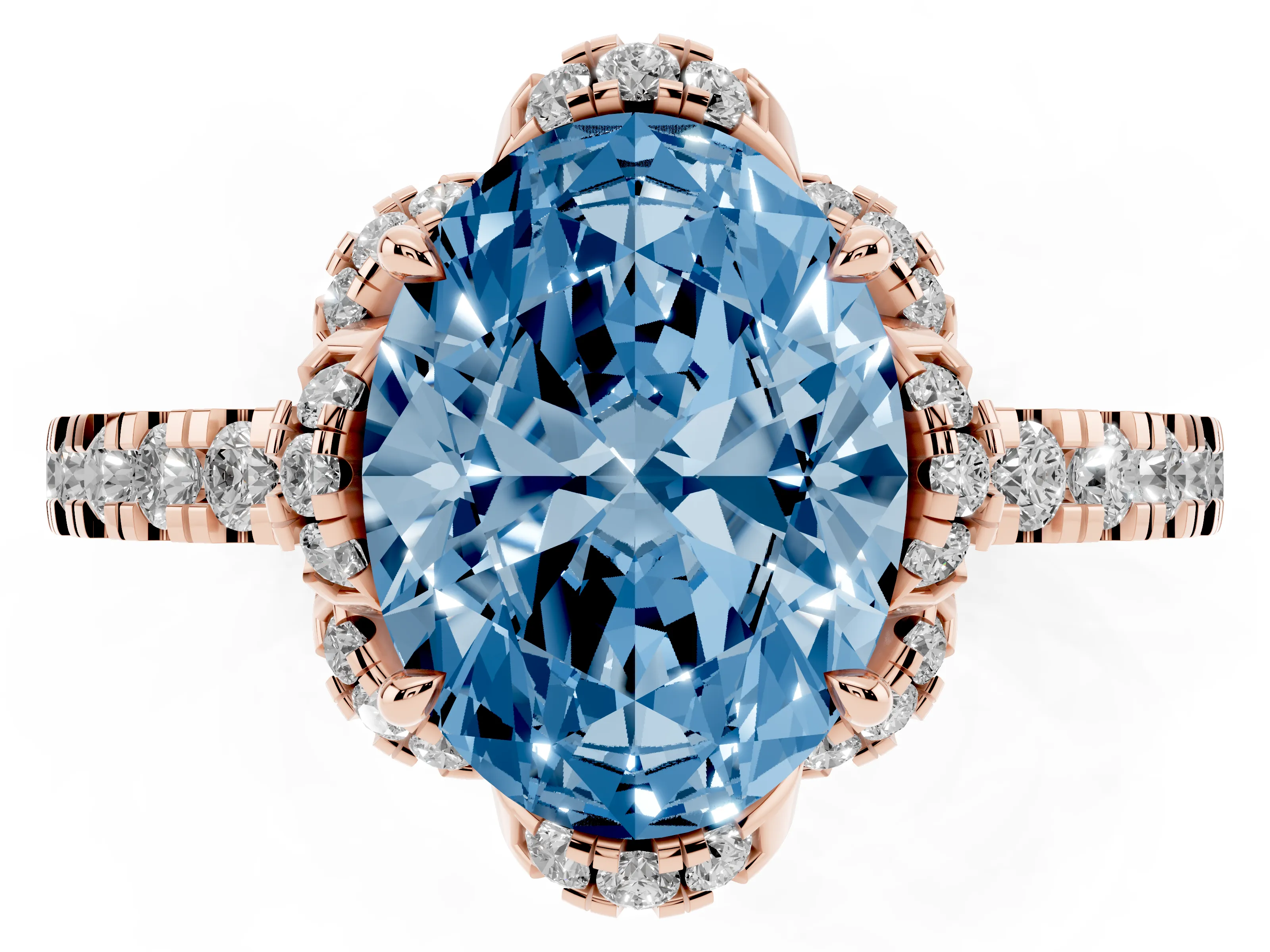 Fancy Blue Oval Cut Diamond Halo Pavé Band Ring Set in Rose gold with Prong-Held Center
