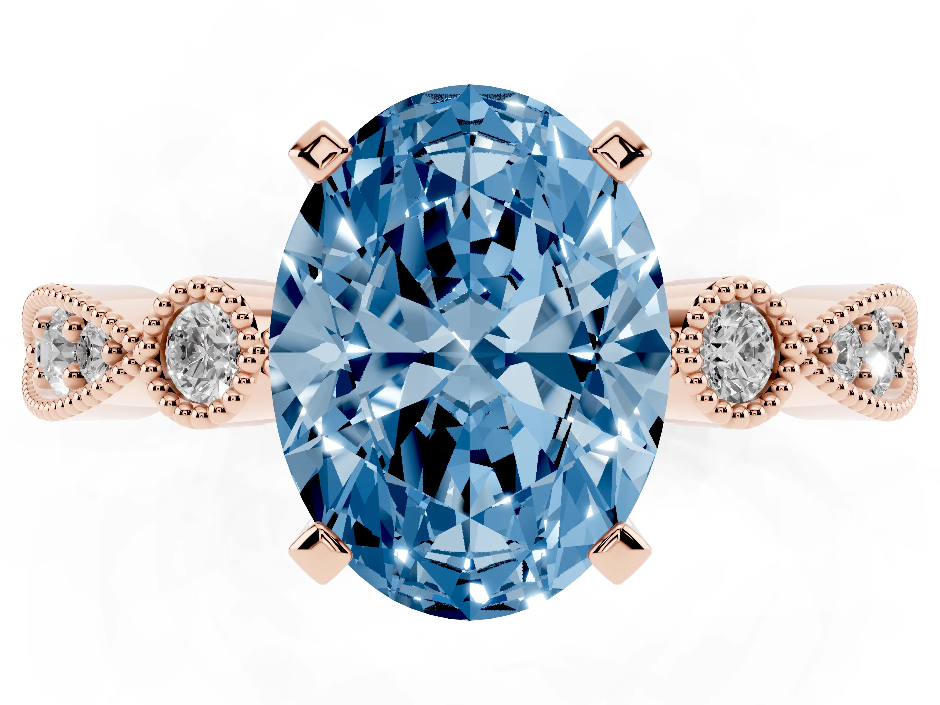 Fancy Blue Oval Cut Diamond Solitaire Engagement Ring Set in Rose gold with Milgrain Bezel Accent Band