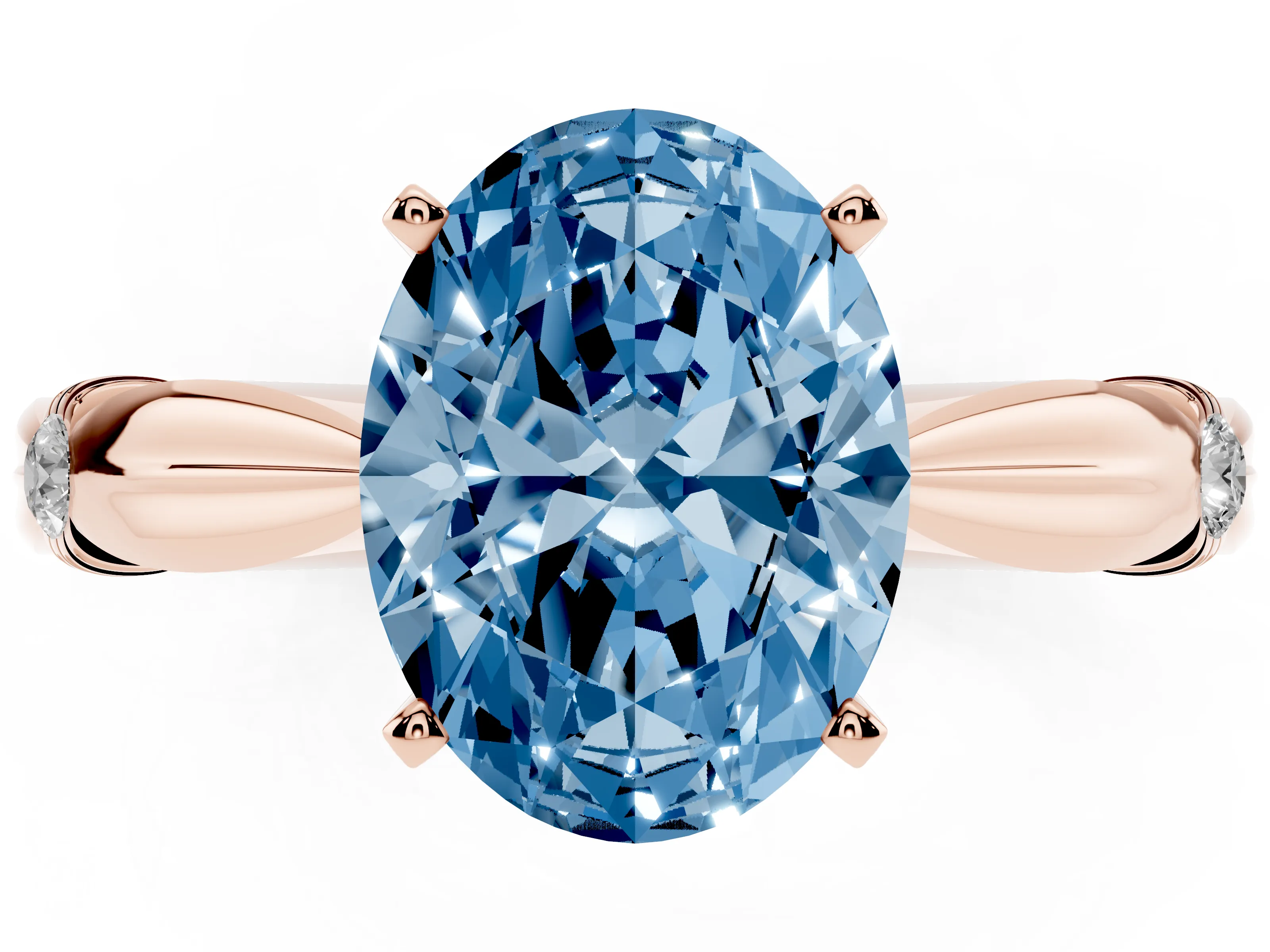 Fancy Blue Oval Cut Diamond Solitaire Twisted Band Ring Set in Rose gold with Accent Stones and Prong Setting