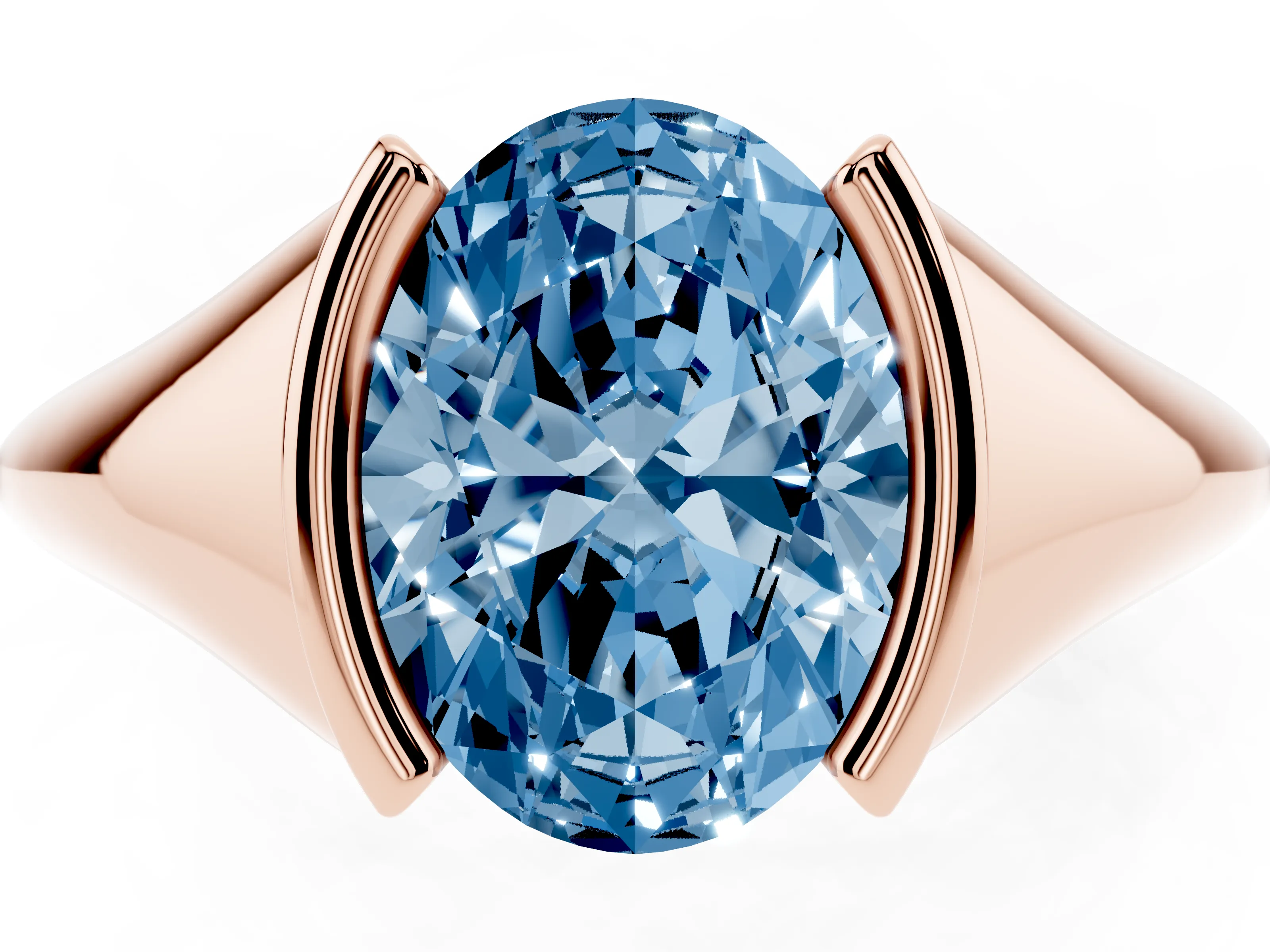Fancy Blue Oval Cut Diamond Solitaire Tension Set Ring Set in Rose gold
