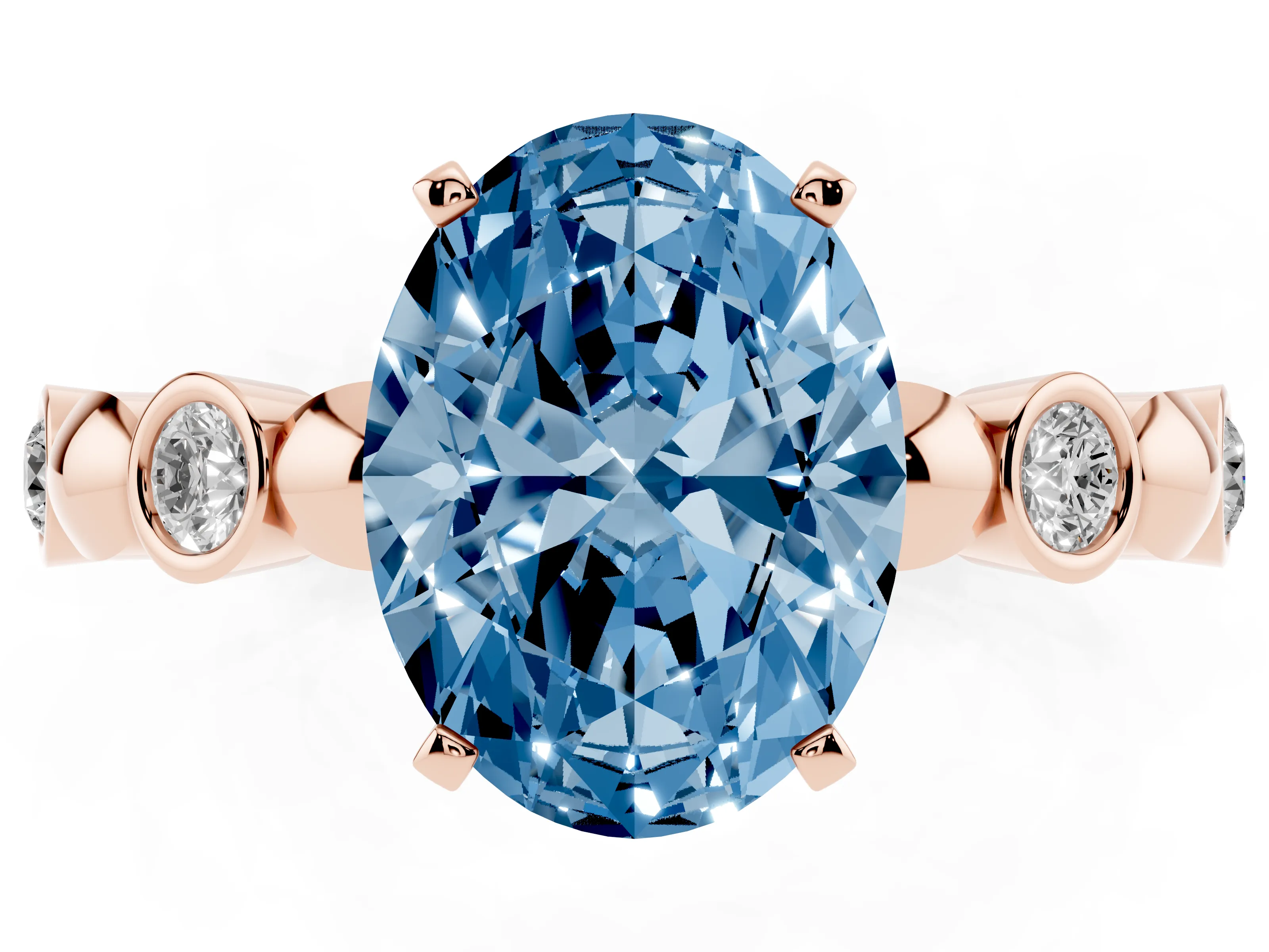 Fancy Blue Oval Cut Diamond Solitaire Ring Set in Rose gold with Bezel-Set Accents on Beaded Band and Prong Setting