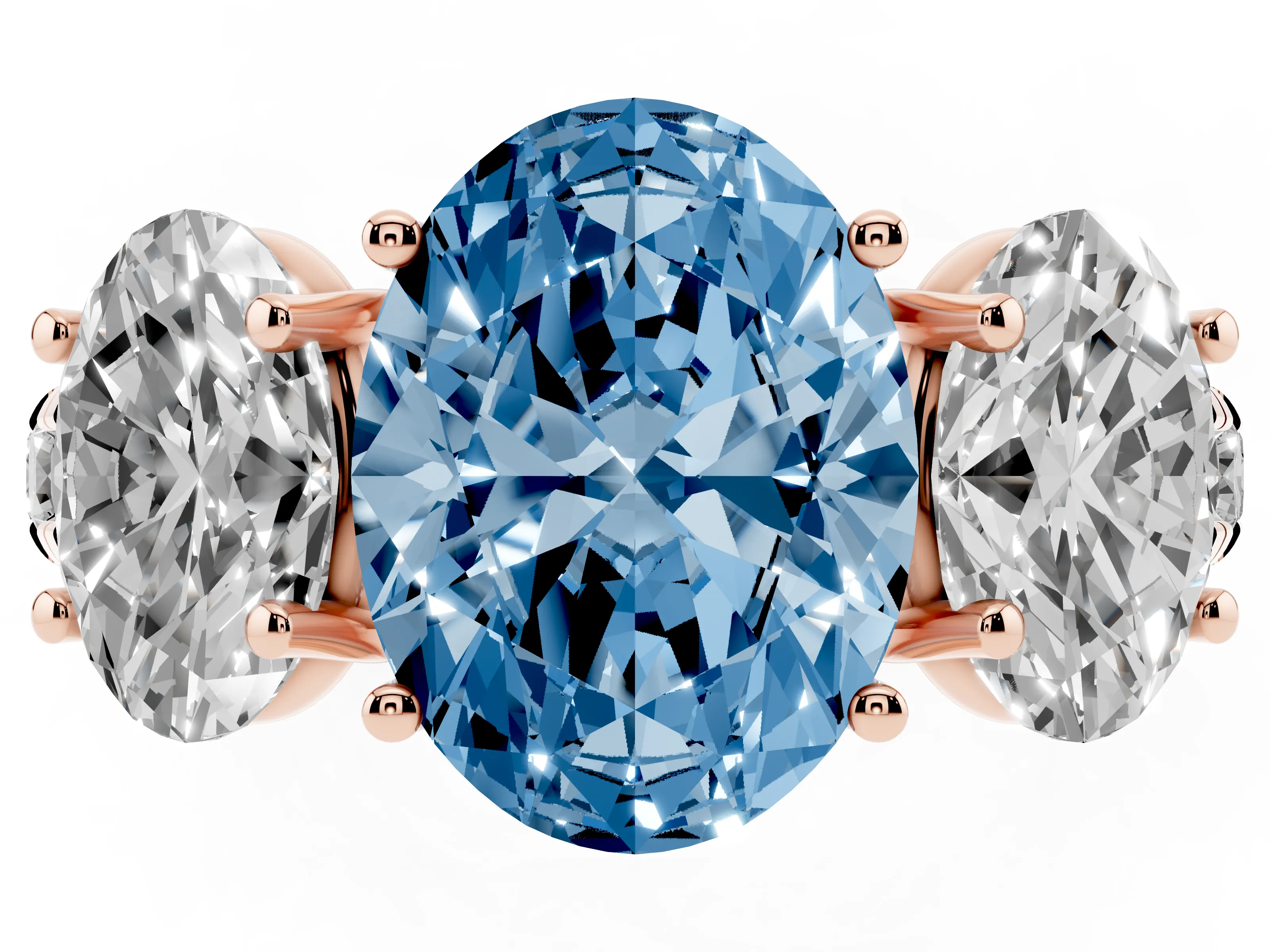 Fancy Blue Oval Cut Diamond Three-Stone Ring Set in Rose gold with Pavé Band