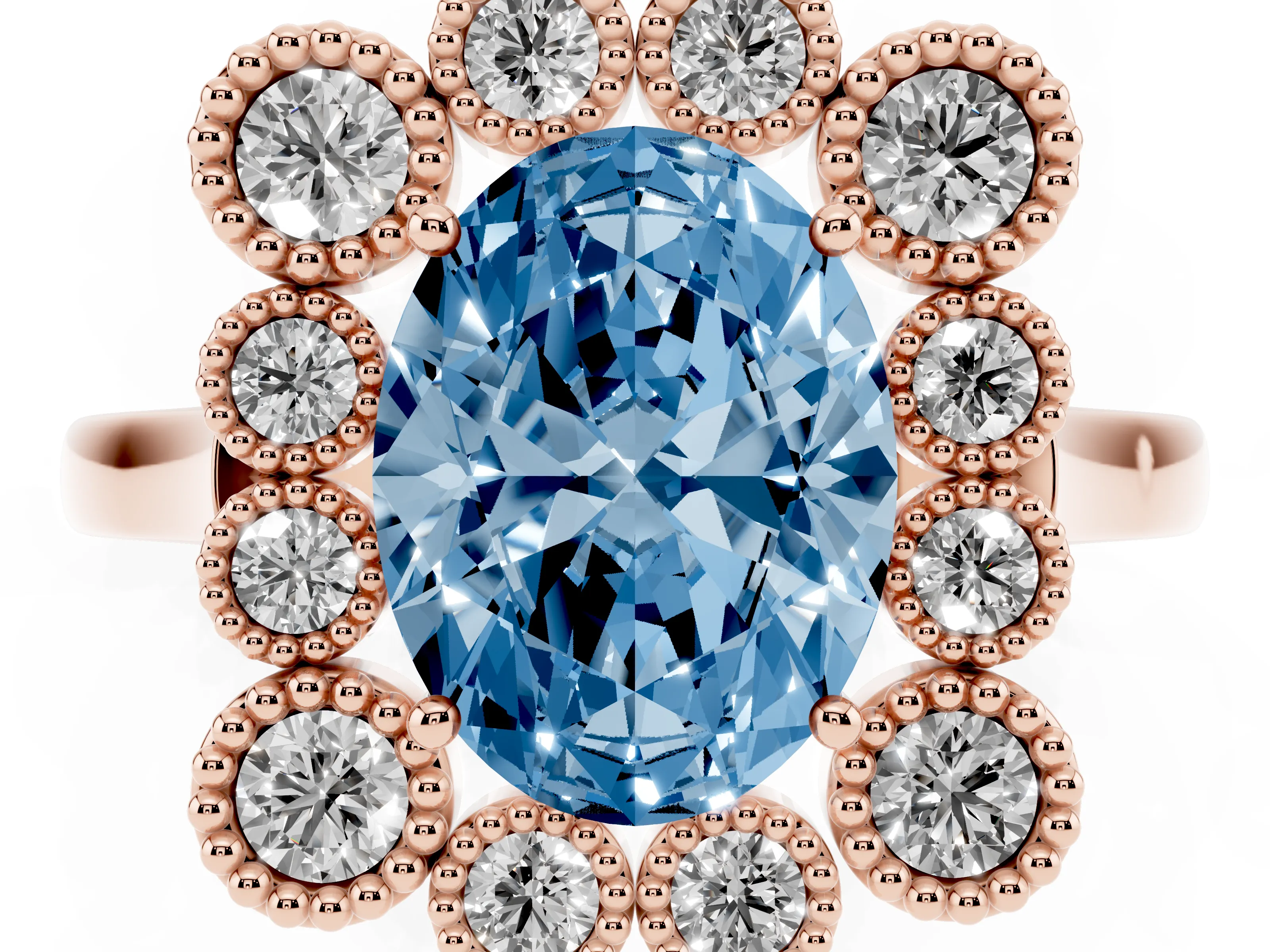 Fancy Blue Oval Cut Diamond Cluster Halo Ring Set in Rose gold with Milgrain Bezel Accents and Plain Band
