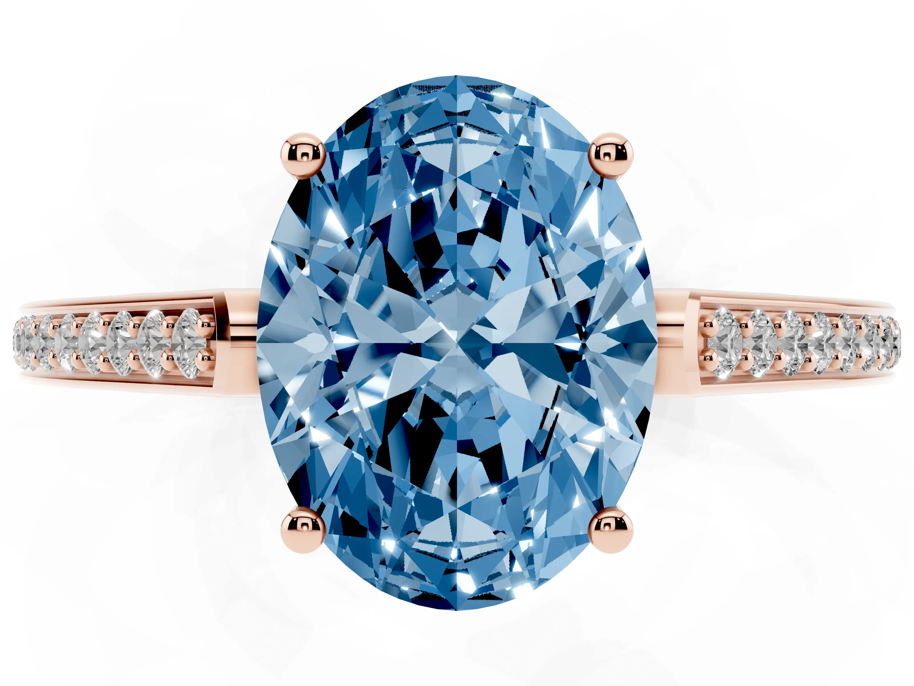 Fancy Blue Oval Cut Diamond Cathedral Pavé Engagement Ring Set in Rose gold with Prong Setting