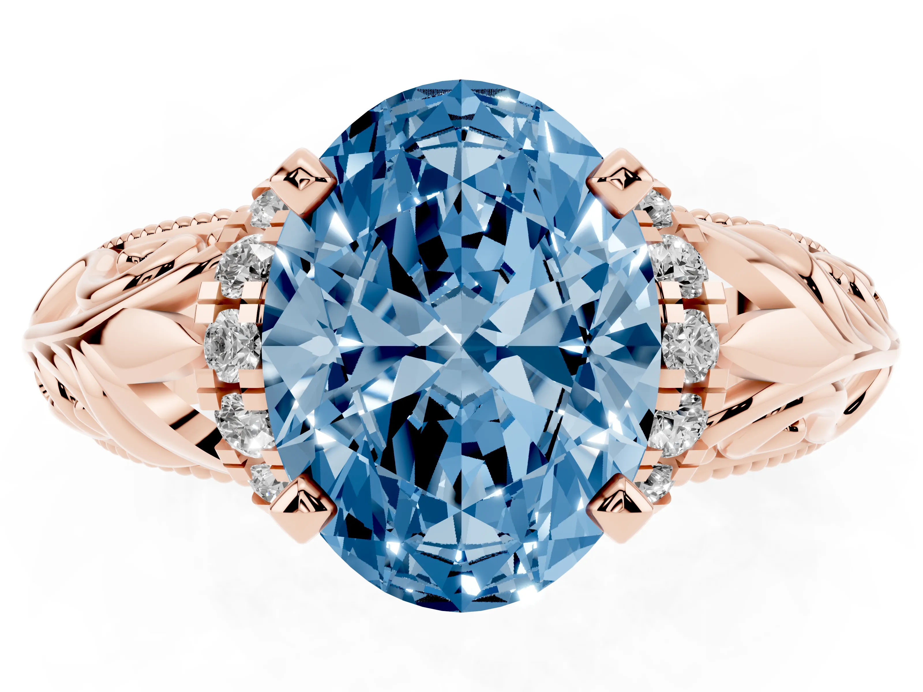 Fancy Blue Oval Cut Diamond Filigree Halo Engagement Ring Set in Rose gold with Prong Setting