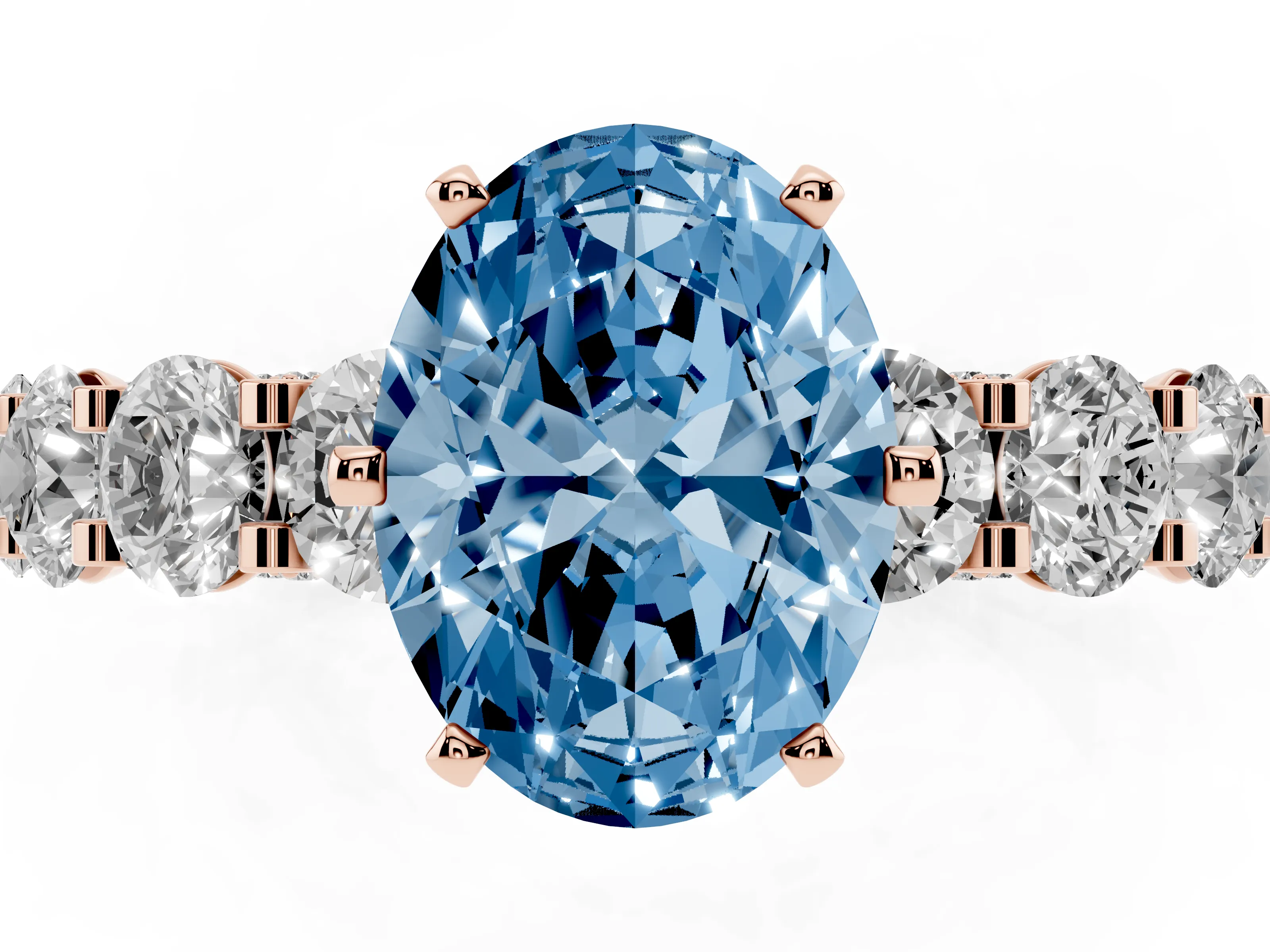 Fancy Blue Oval Cut Diamond Side Stone Ring Set in Rose gold with Alternating Round and Oval Side Stones