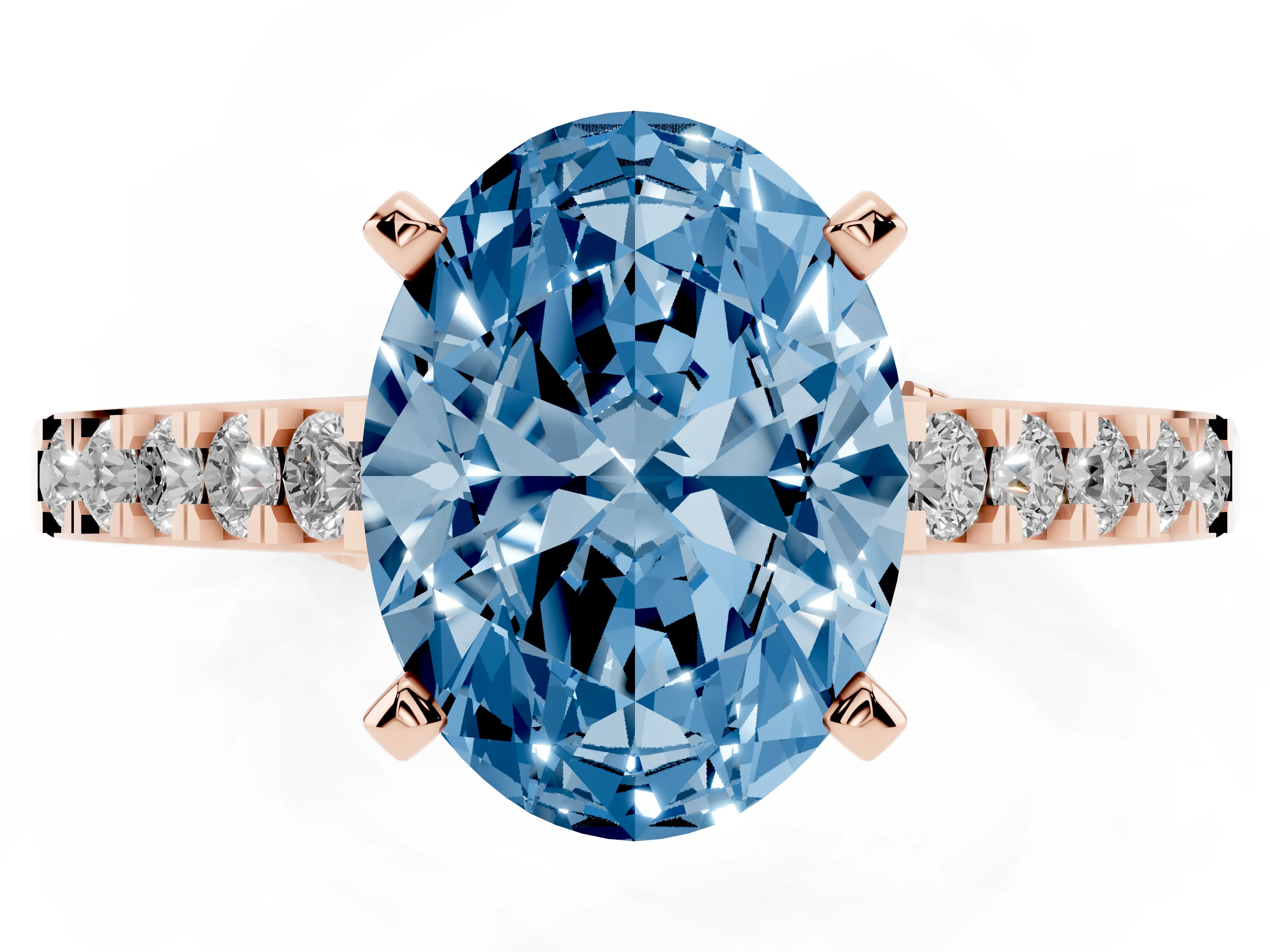 Fancy Blue Oval Cut Diamond Solitaire Ring Set in Rose gold with Crossover Gallery and Round Pavé Band