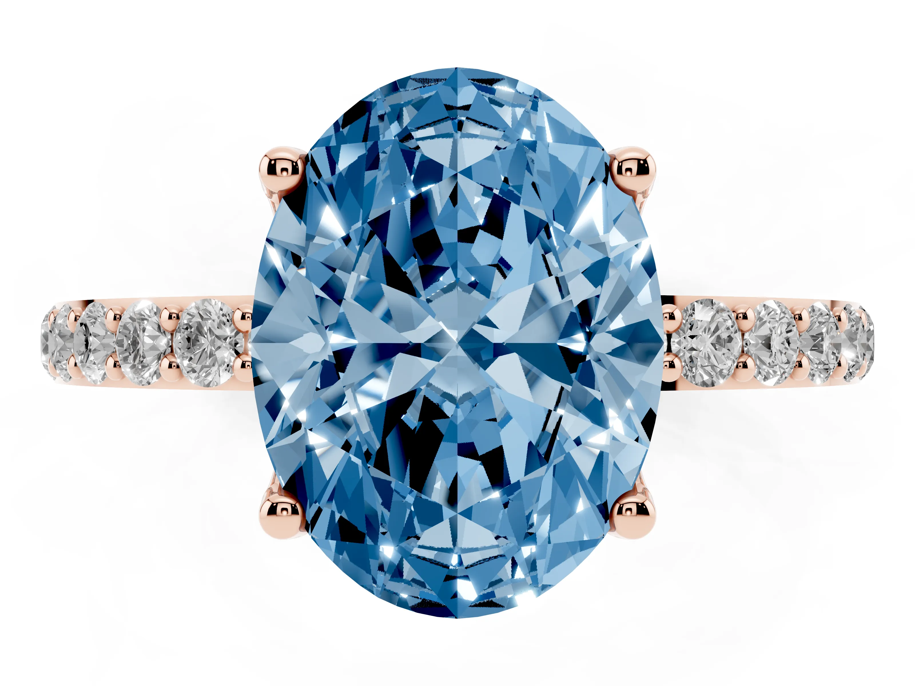 Fancy Blue Oval Cut Diamond Solitaire Engagement Ring Set in Rose gold with Round Pavé Band and Prong Setting