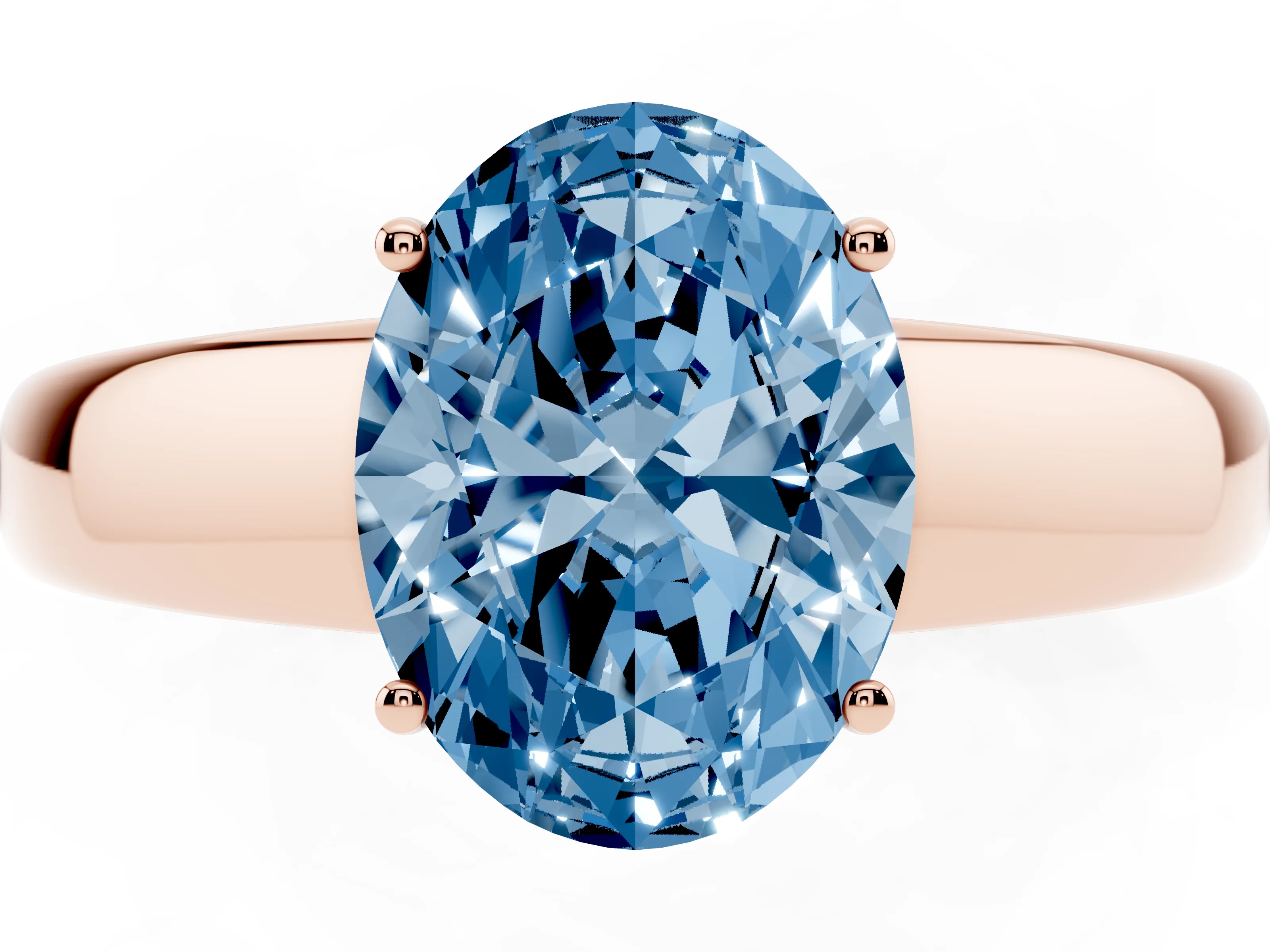 Fancy Blue Oval Cut Diamond Solitaire Ring Set in Rose gold with Tapered Band and Prong Setting