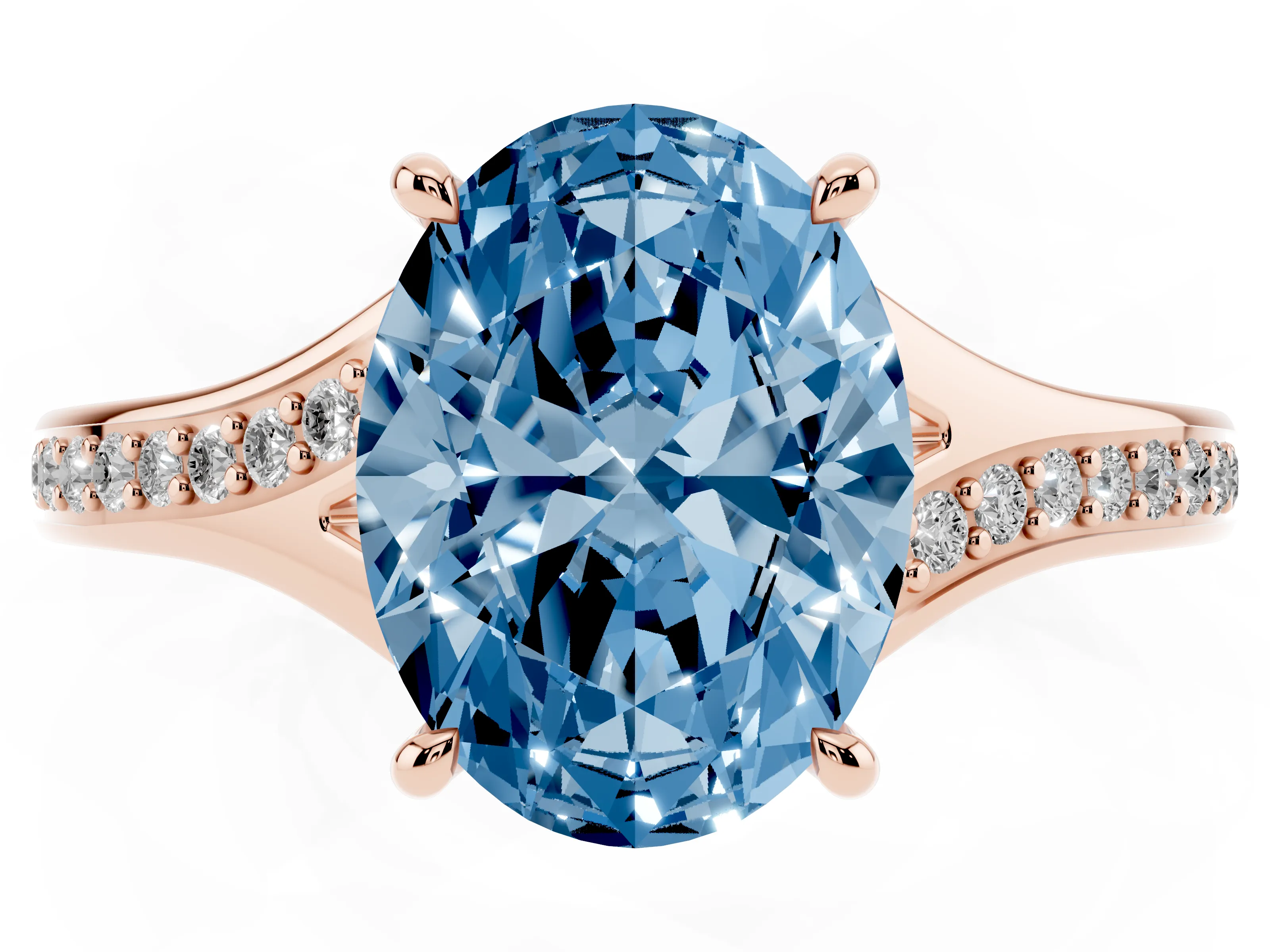 Fancy Blue Oval Cut Diamond Solitaire Ring Set in Rose gold with Pavé Accent Band and Classic Prong Setting