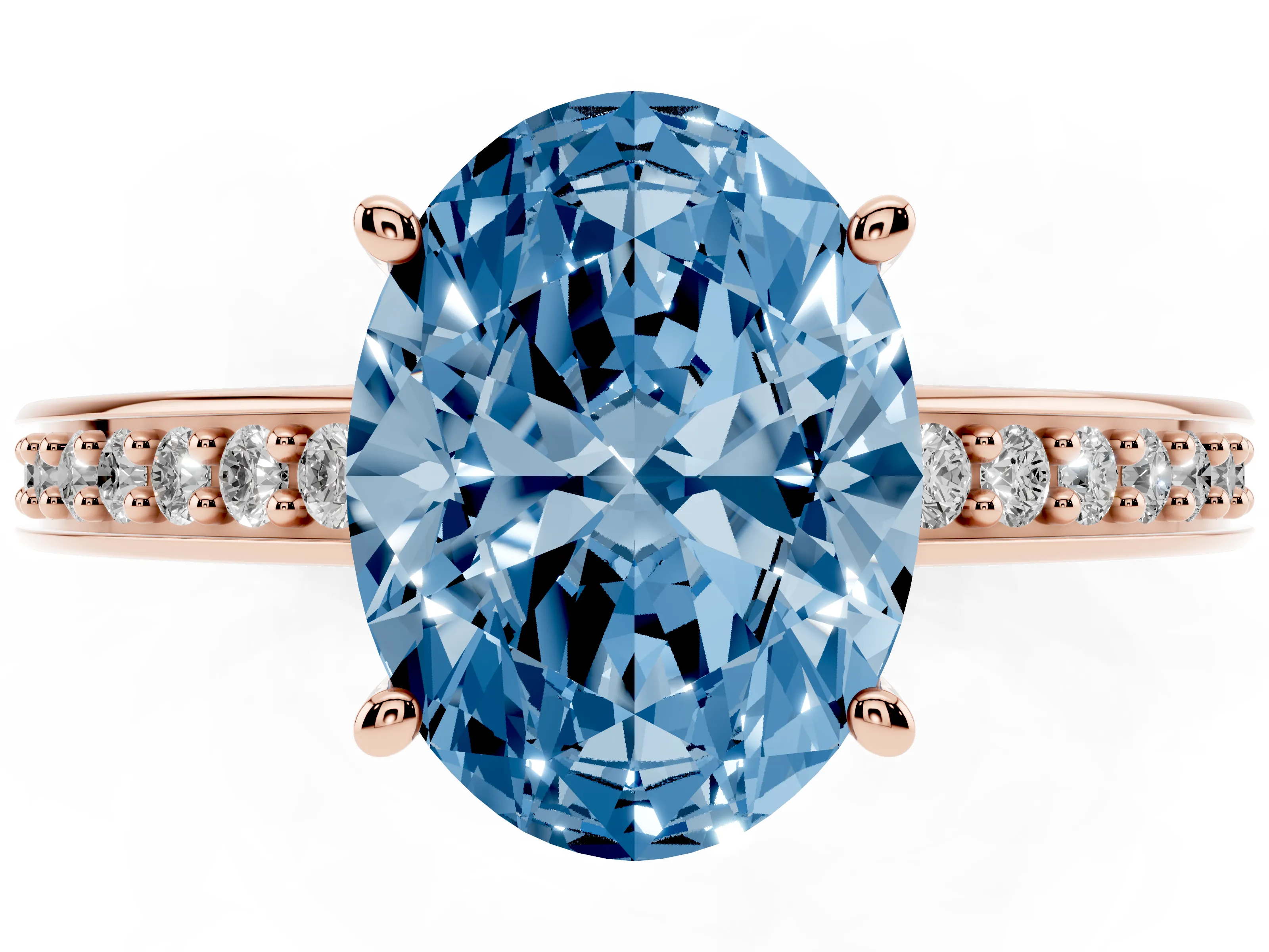 Fancy Blue Oval Cut Diamond Pavé Band Prong Set Solitaire Ring Set in Rose gold