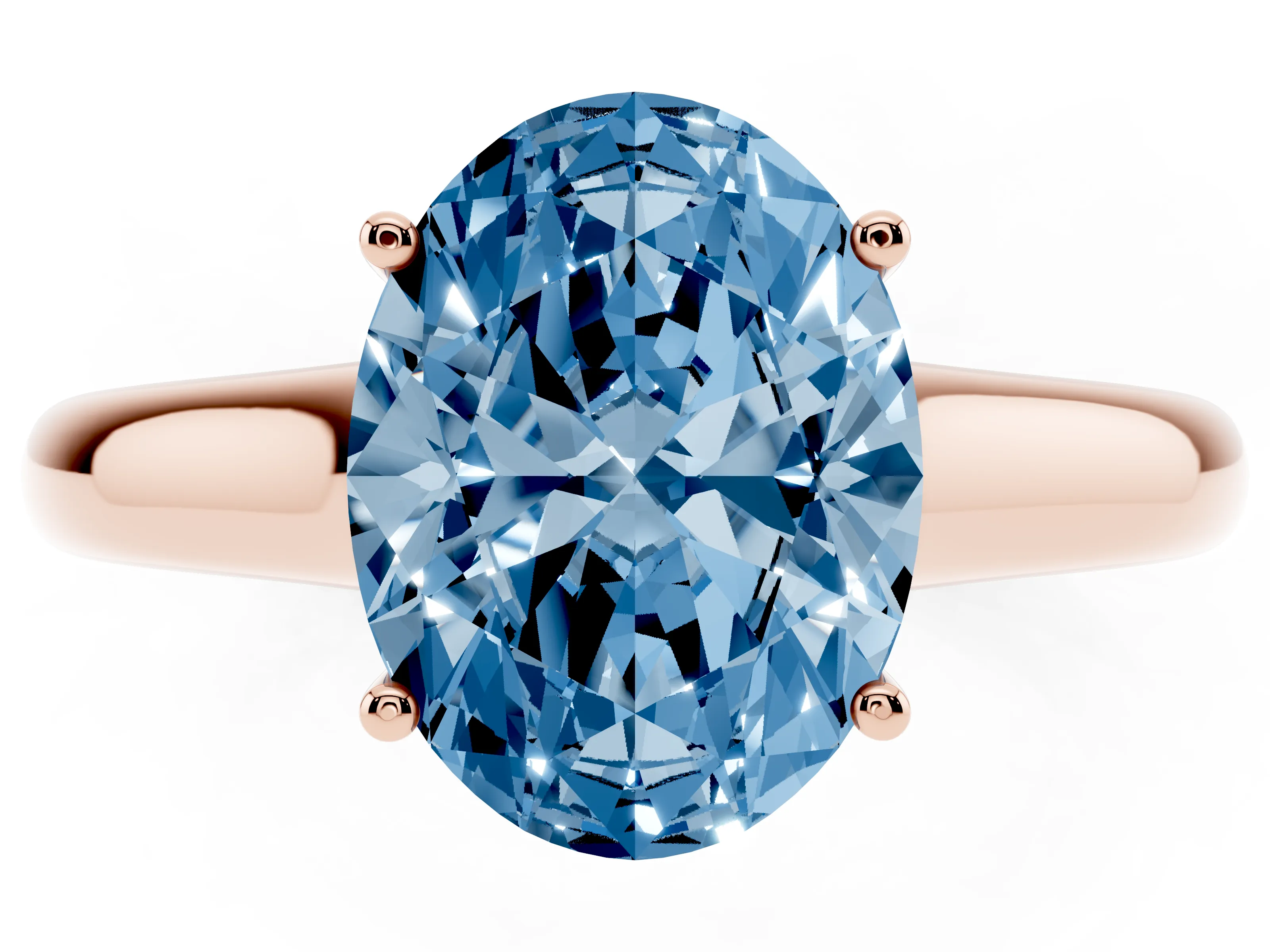 Fancy Blue Oval Cut Diamond Solitaire Engagement Ring Set in Rose gold with Subtly Tapered Band and Prong Setting