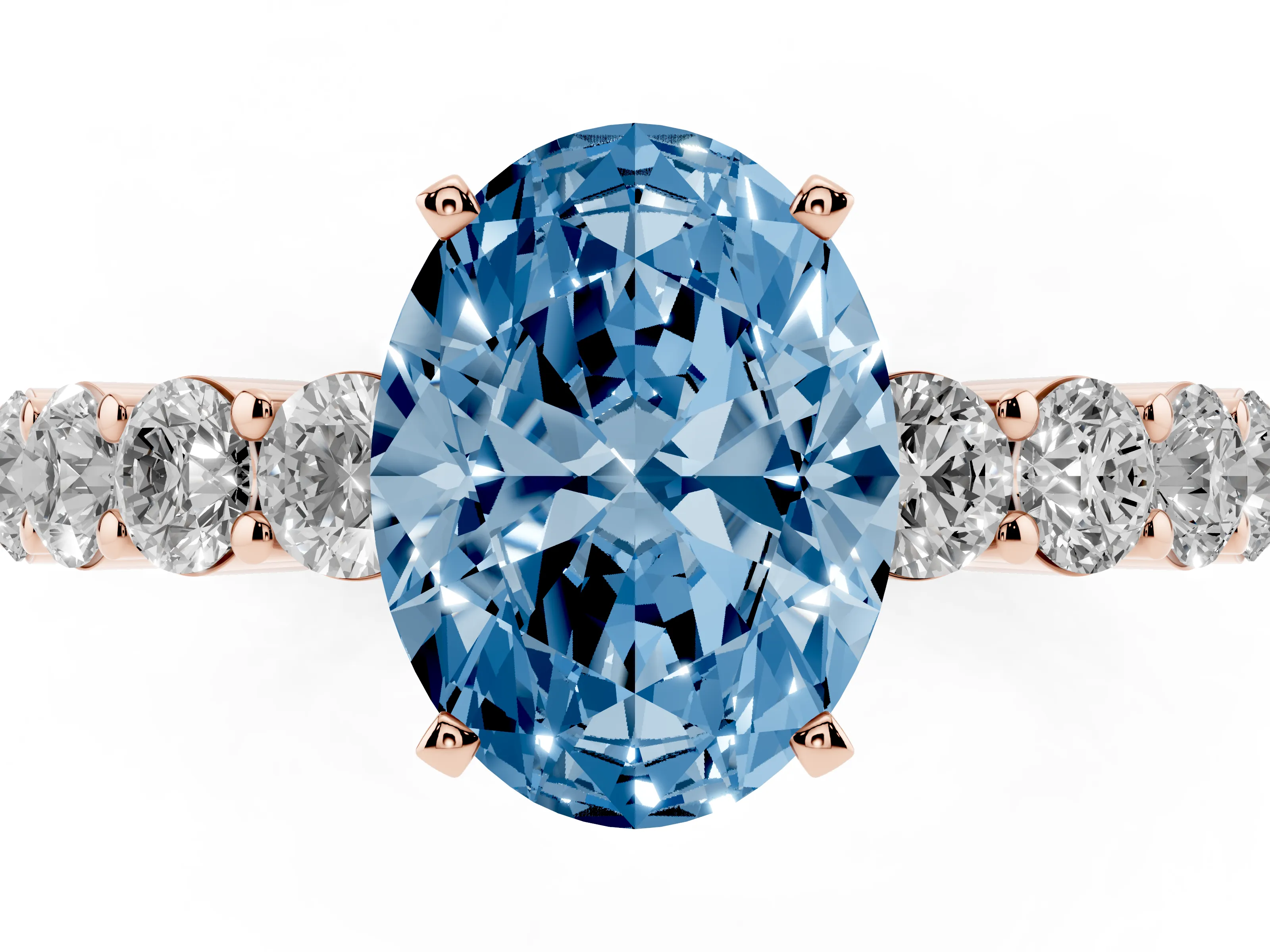 Fancy Blue Oval Cut Diamond Solitaire Ring Set in Rose gold with Shared Prong Round Side Stones