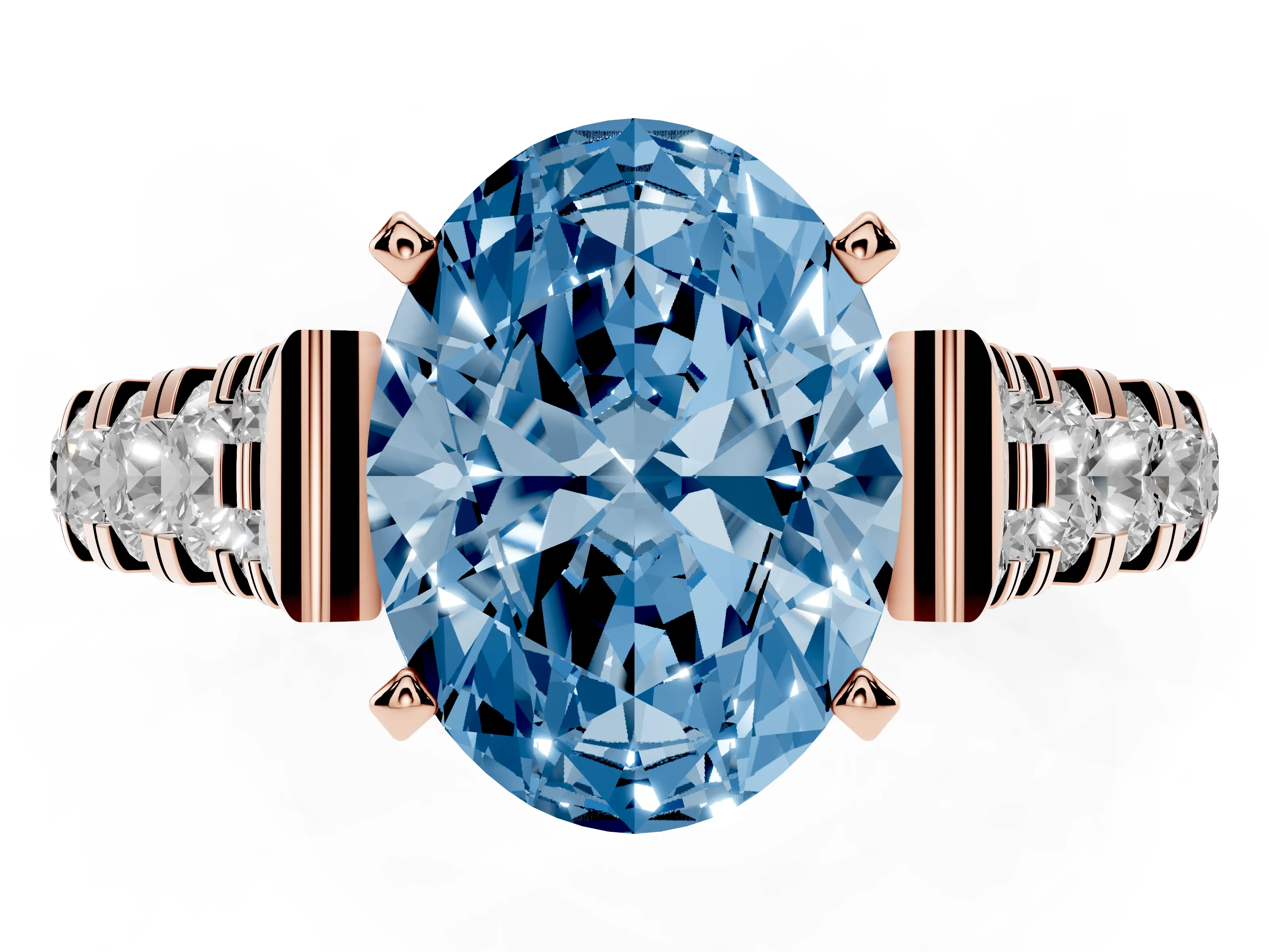 Fancy Blue Oval Cut Diamond Classic Solitaire Ring Set in Rose gold with Pavé Band and Prong Setting