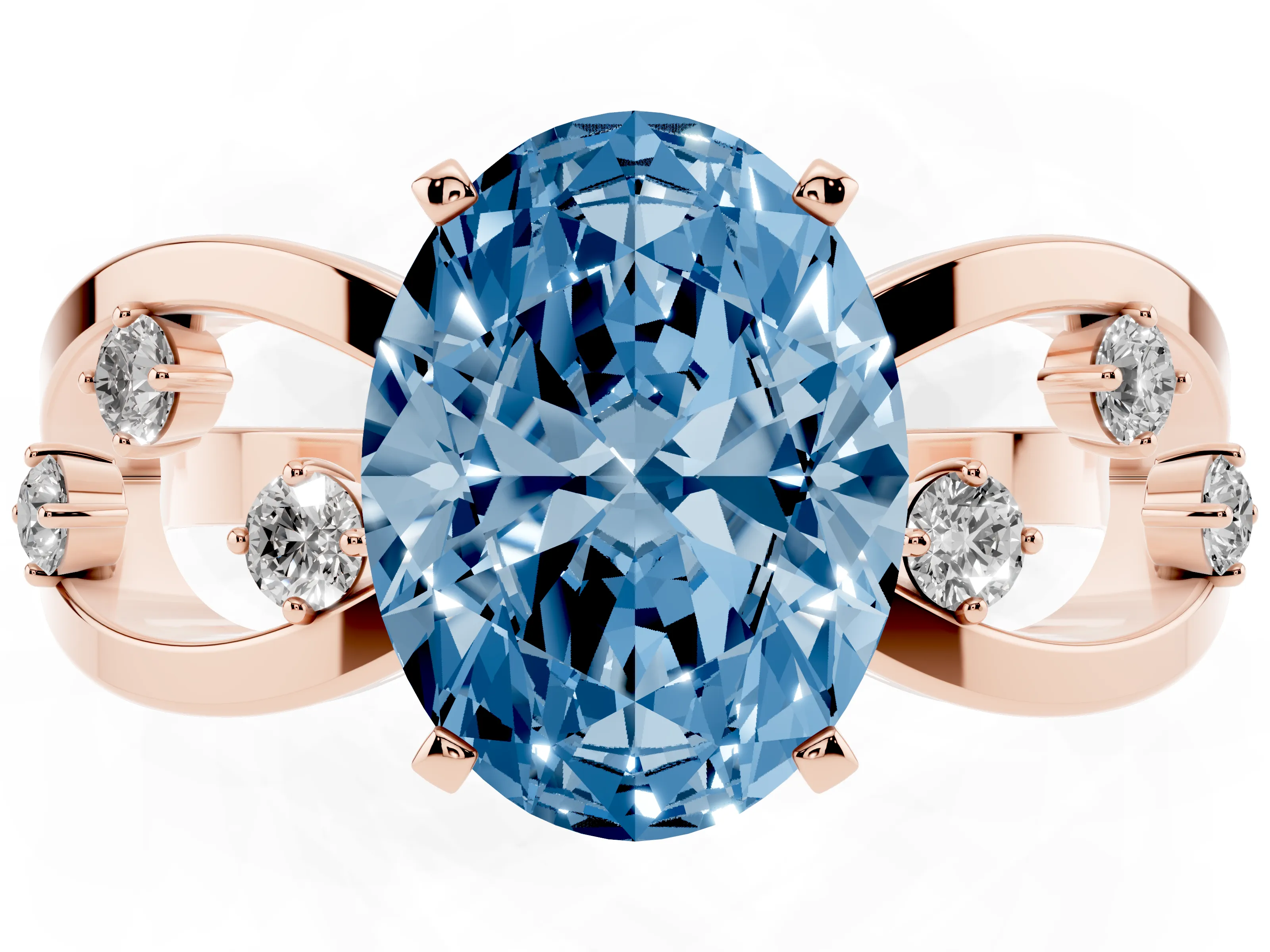 Fancy Blue Oval Cut Diamond Solitaire Ring Set in Rose gold with Side Stones on Criss-Cross Band and Prong Setting