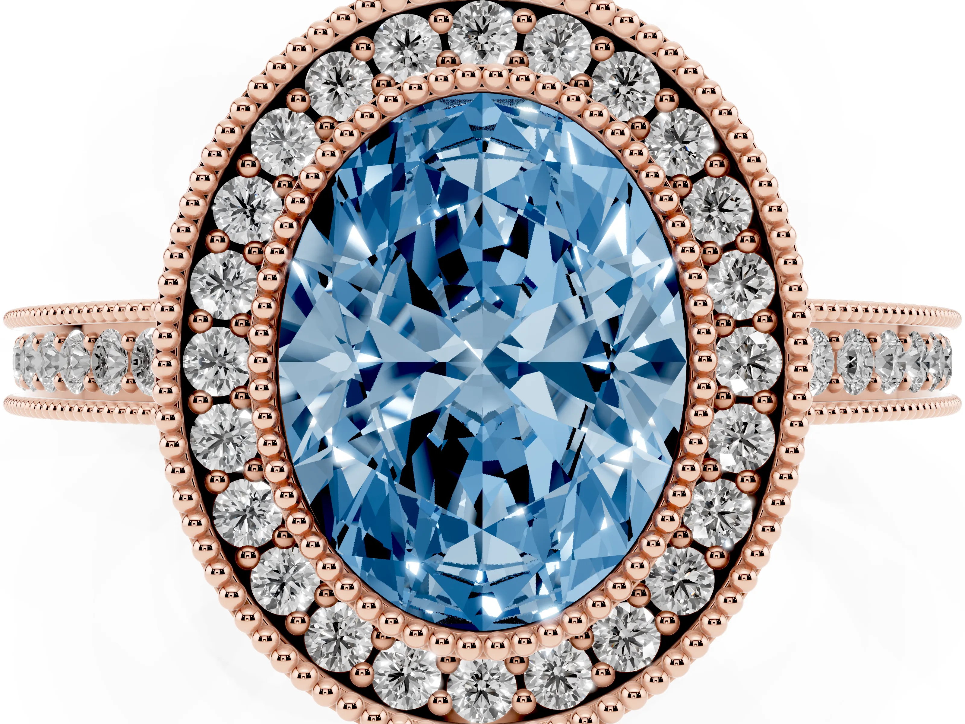 Fancy Blue Oval Cut Diamond Halo Ring Set in Rose gold with Pavé Band and Milgrain-Edged Prongs