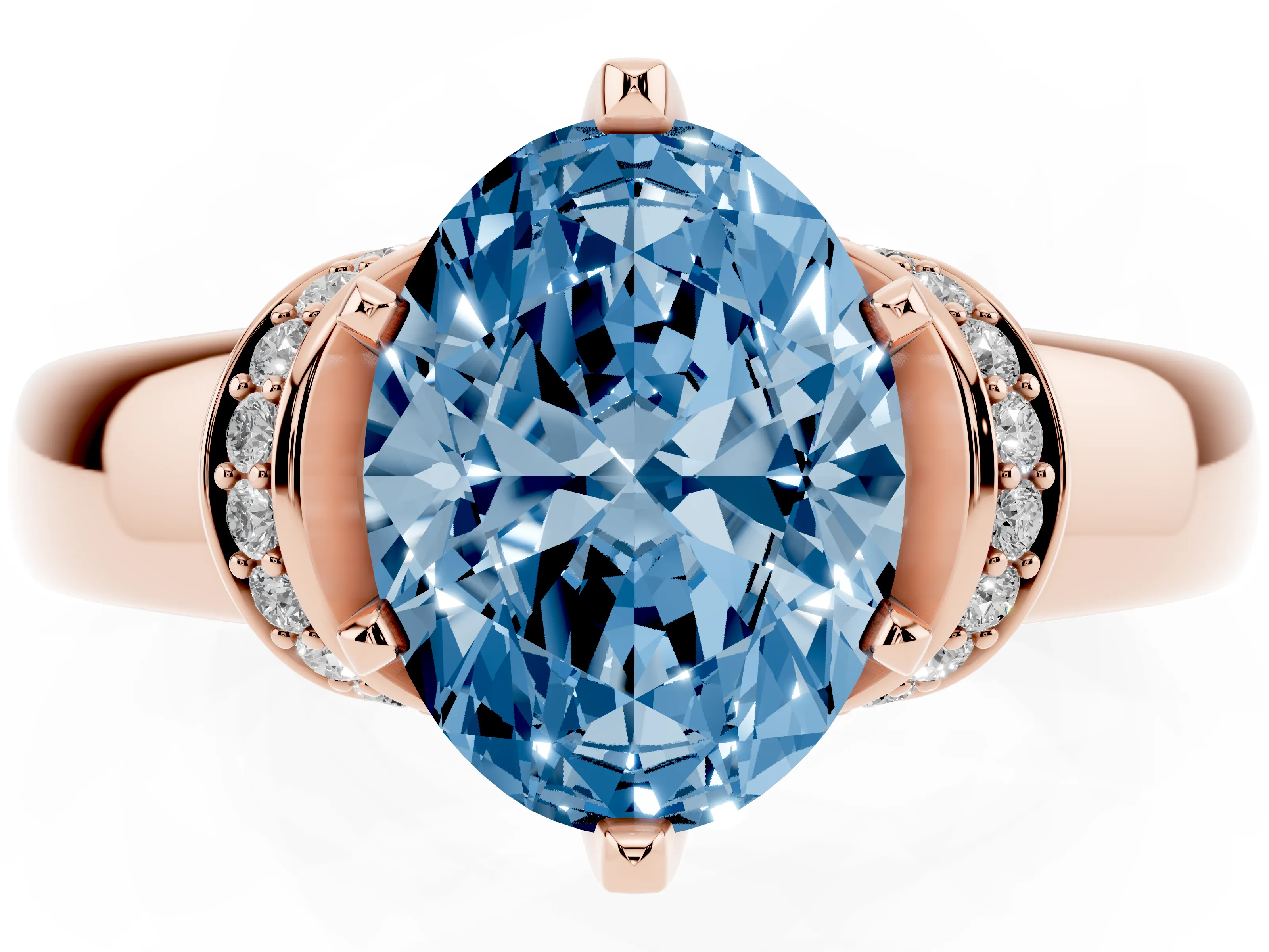 Fancy Blue Oval Cut Diamond Pavé Band Solitaire Ring Set in Rose gold with Prong Setting