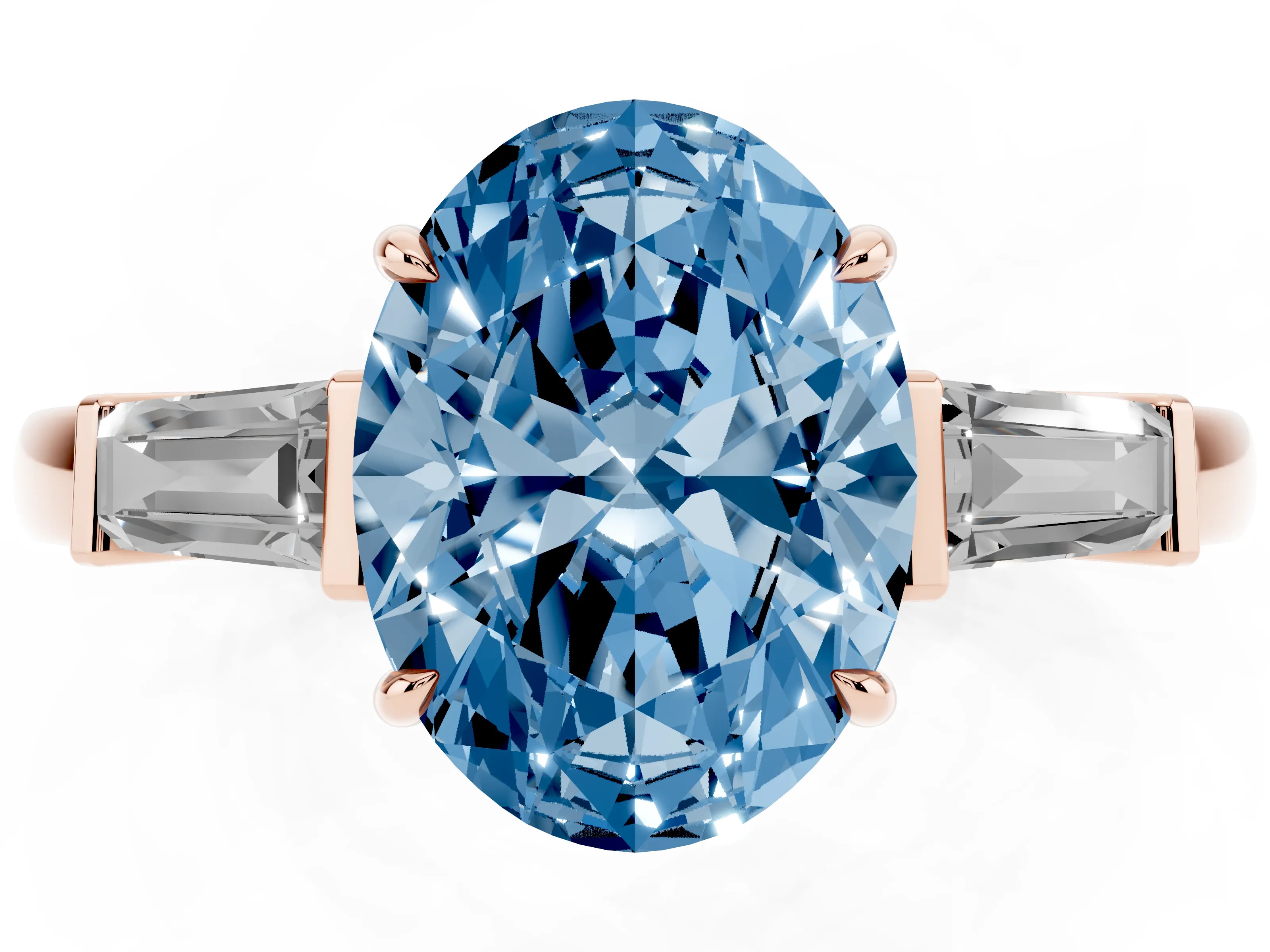 Fancy Blue Oval Cut Diamond Three-Stone Ring Set in Rose gold with Tapered Baguette Side Stones and Prong Setting