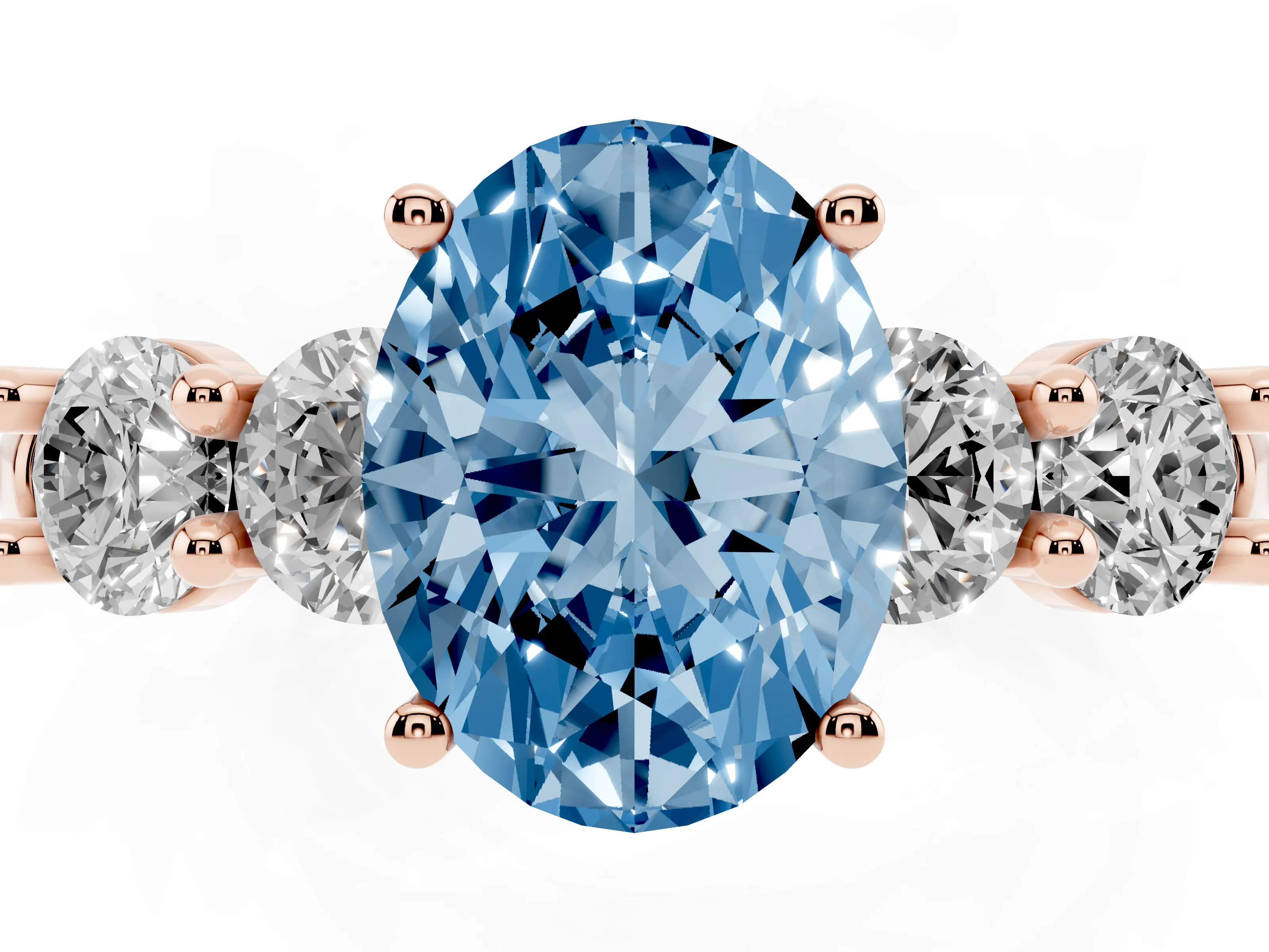 Fancy Blue Oval Cut Diamond Five-Stone Prong Set Ring Set in Rose gold with Classic Band