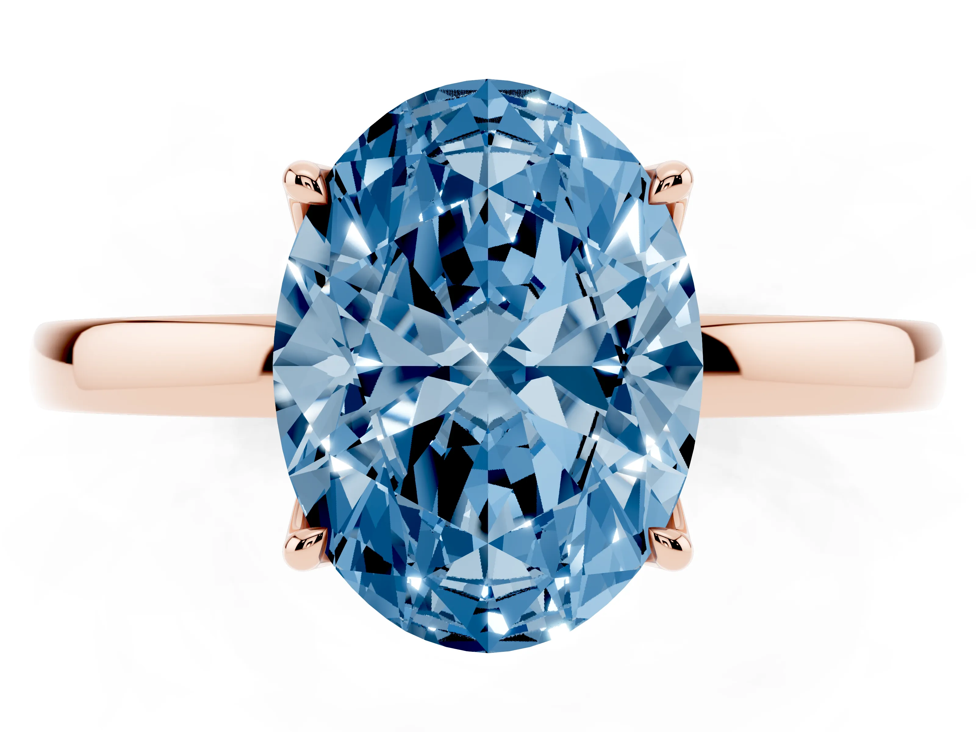 Fancy Blue Oval Cut Diamond Solitaire Ring Set in Rose gold with Prong Setting and Thin Polished Band