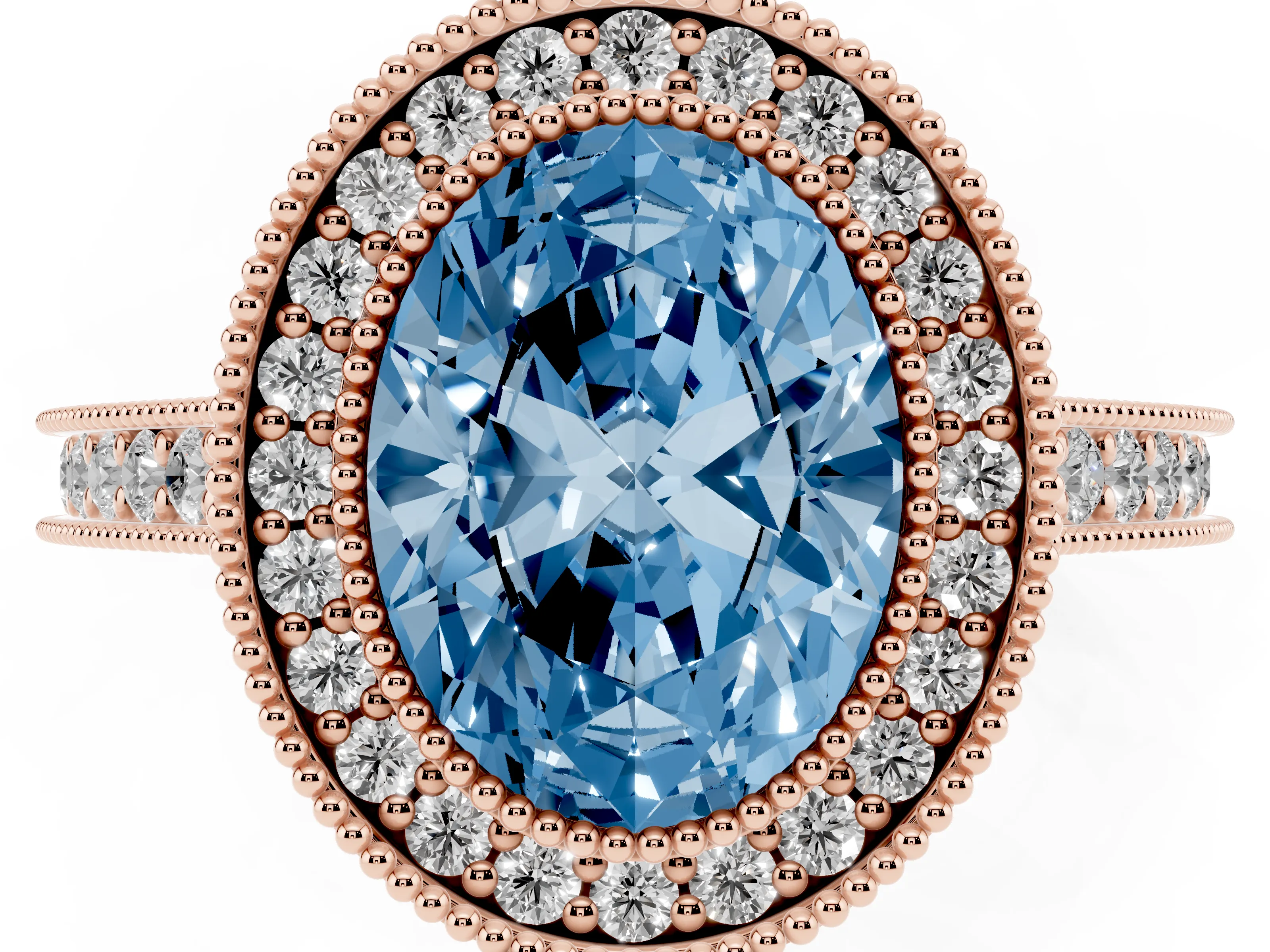 Fancy Blue Oval Cut Diamond Halo Milgrain Pavé Band Ring Set in Rose gold with Prong Setting