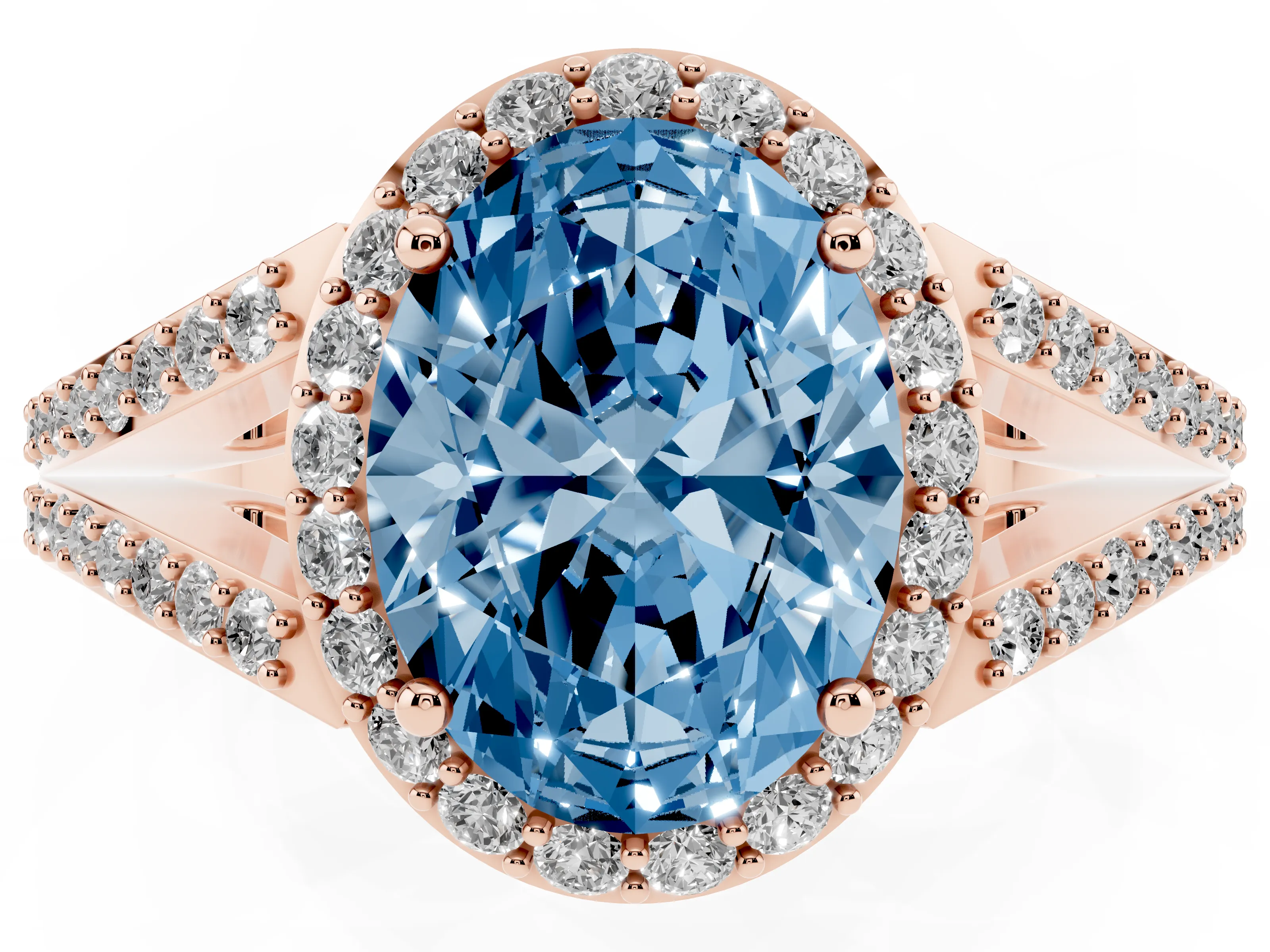 Fancy Blue Oval Cut Diamond Halo Split Shank Ring Set in Rose gold with Accent Stones and Prong Setting