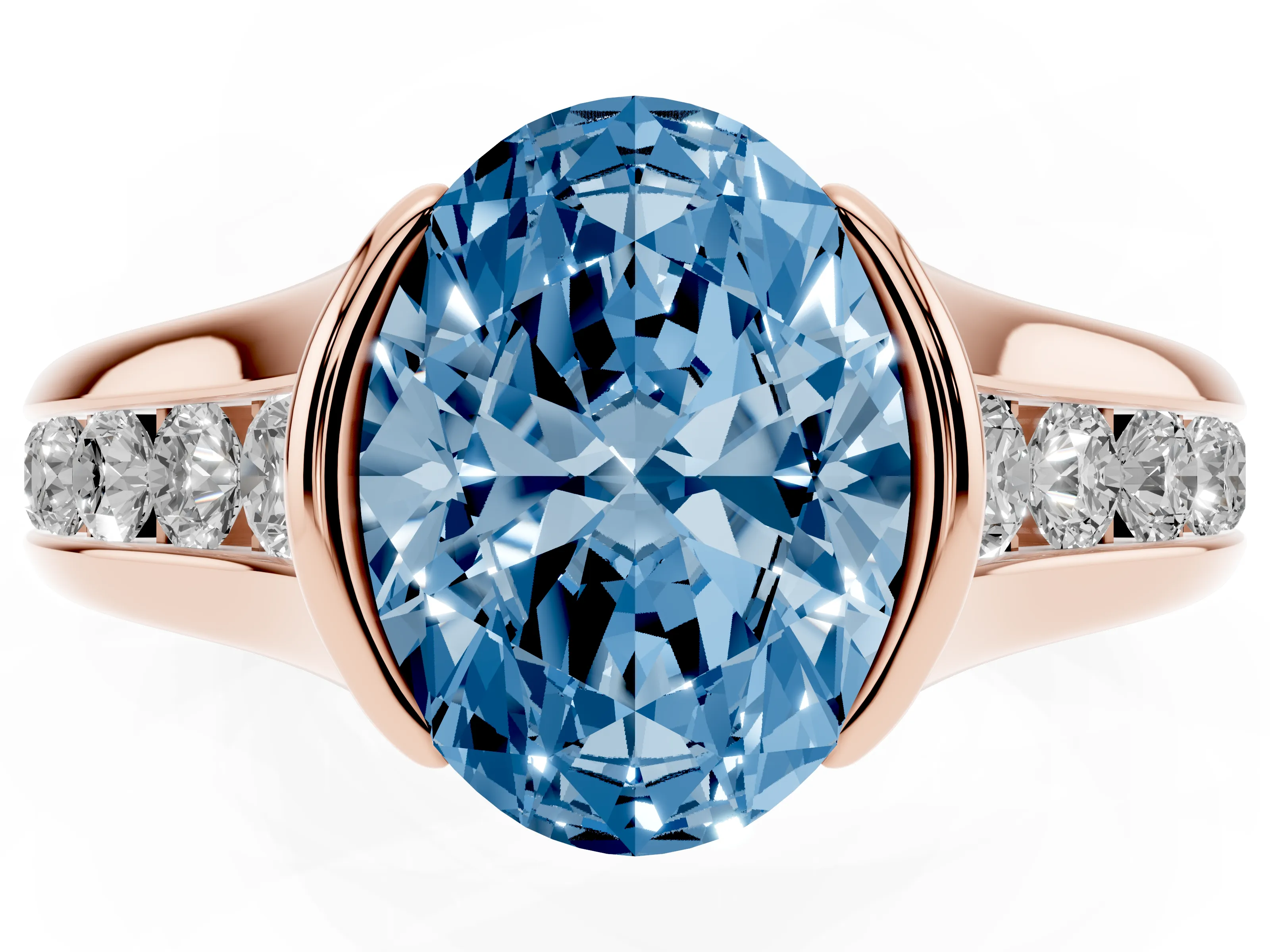 Fancy Blue Oval Cut Diamond Bezel-Set Solitaire Ring Set in Rose gold with Channel-Set Band