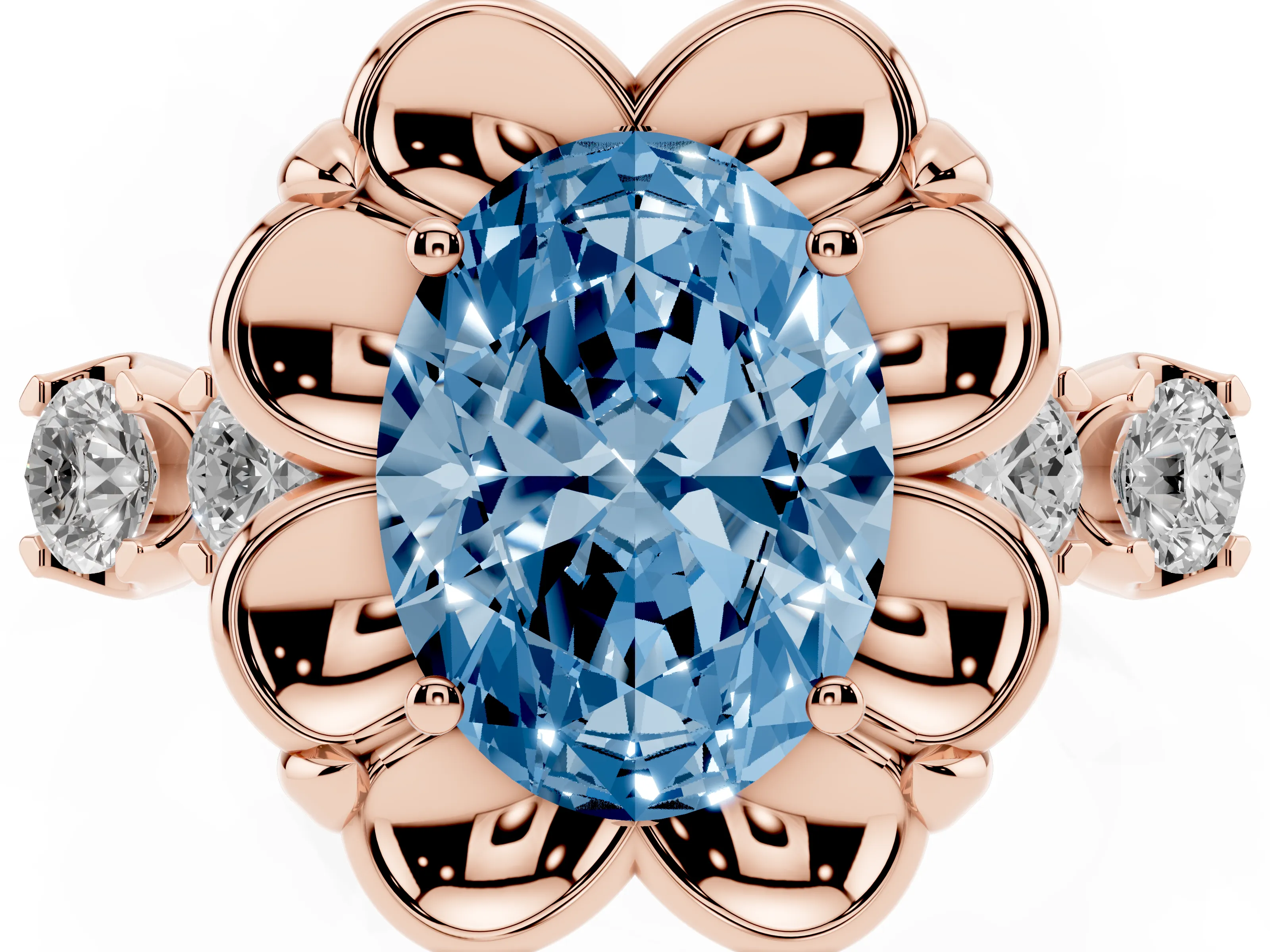 Fancy Blue Oval Cut Diamond Floral Halo Ring Set in Rose gold with Shared Prong Band