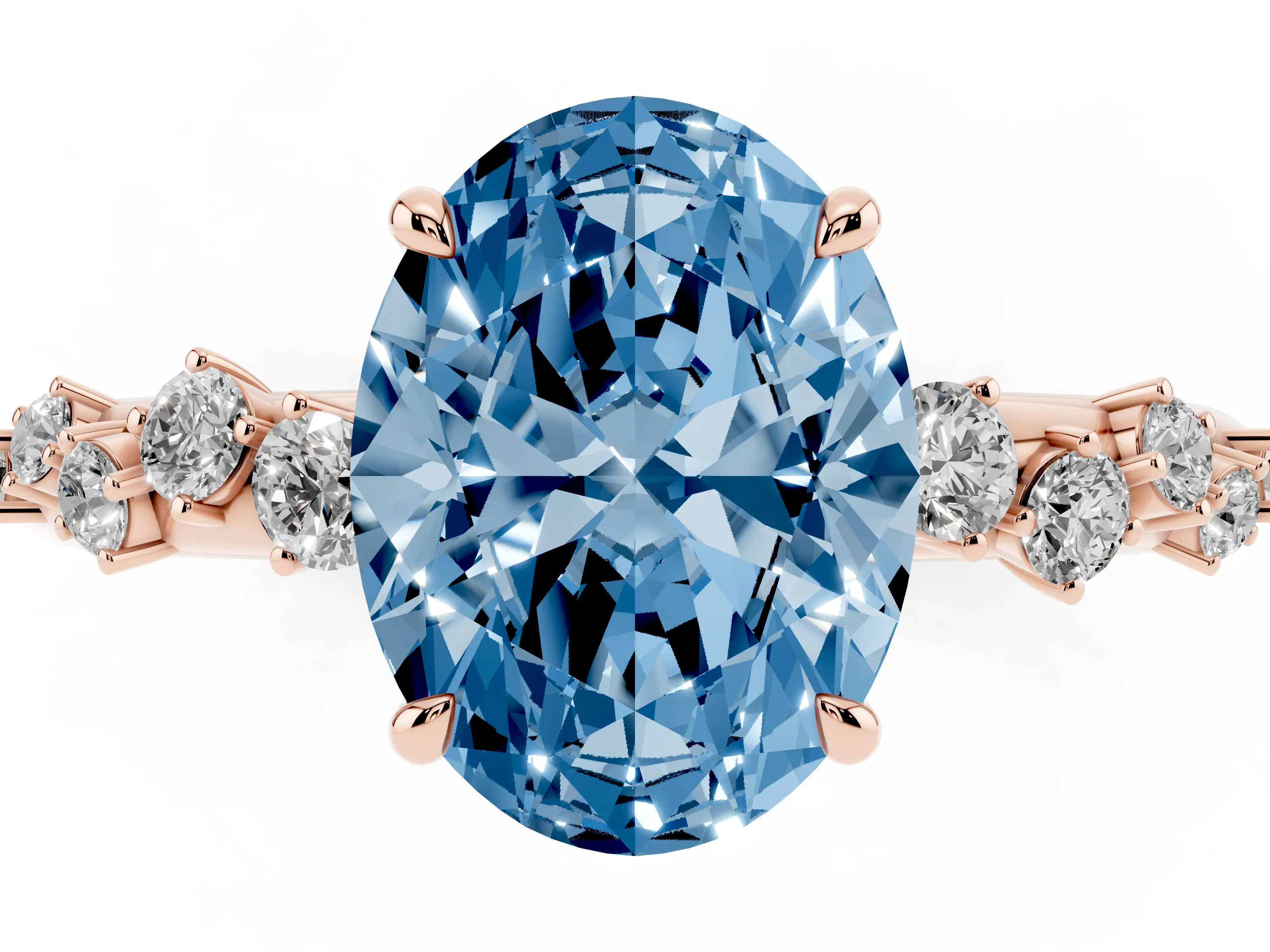 Fancy Blue Oval Cut Diamond Cluster Solitaire Ring Set in Rose gold with Prong Setting