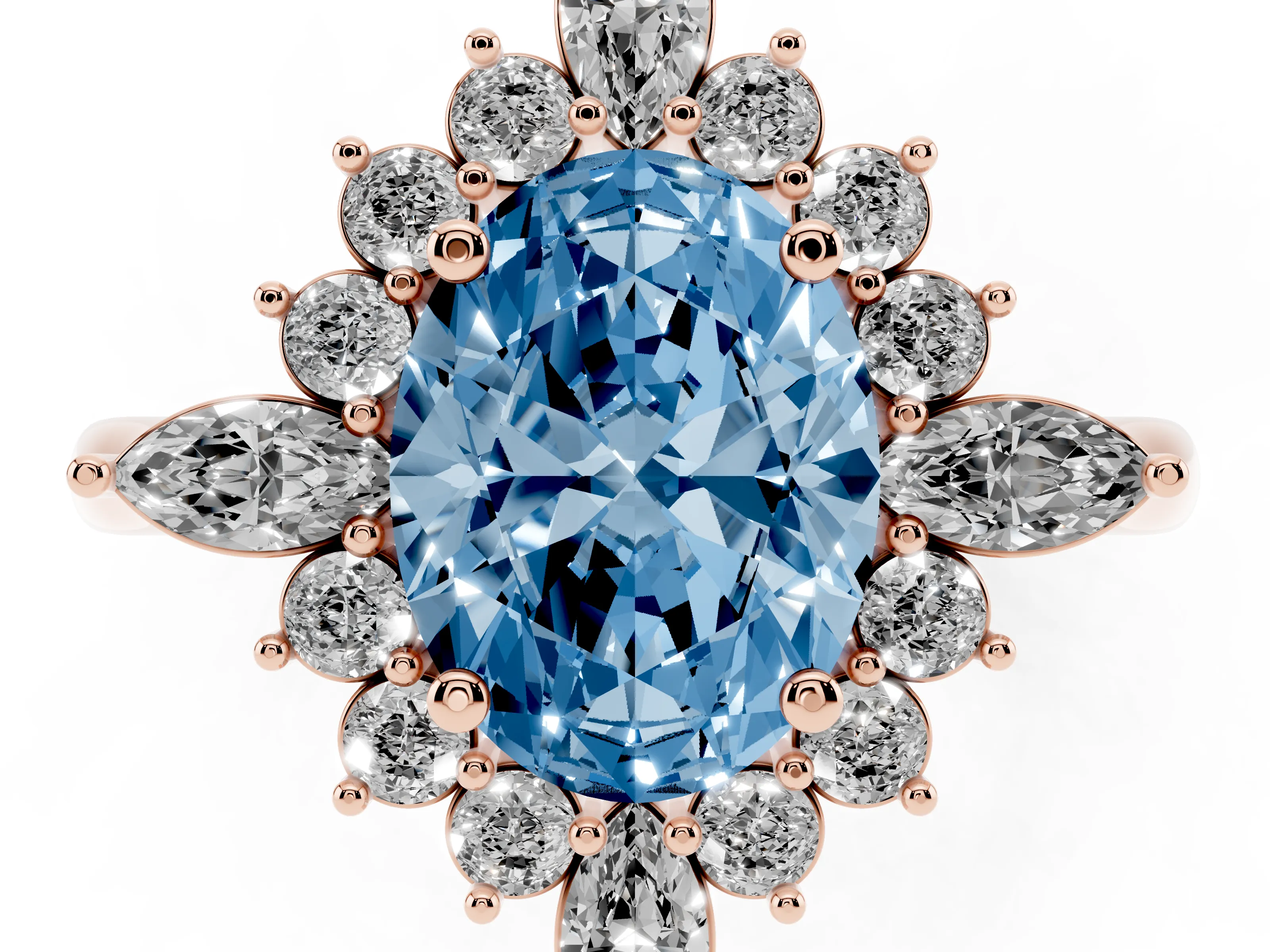 Fancy Blue Oval Cut Diamond Cluster Halo Ring Set in Rose gold with Marquise and Round Accents