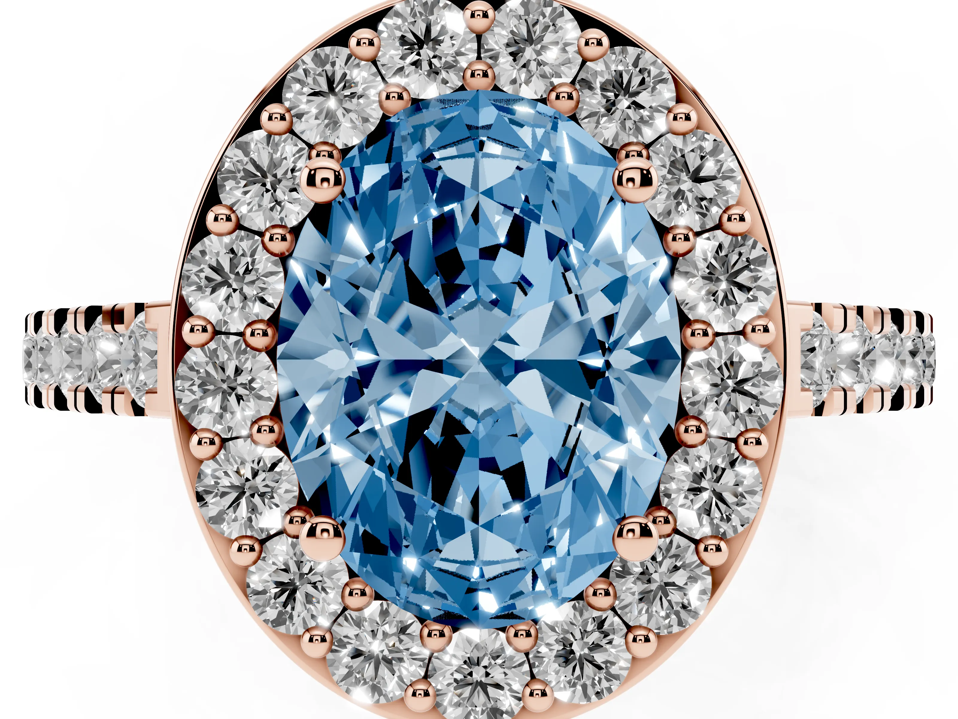 Fancy Blue Oval Cut Diamond Halo Ring Set in Rose gold with Round Pavé Split Shank and Prong Setting