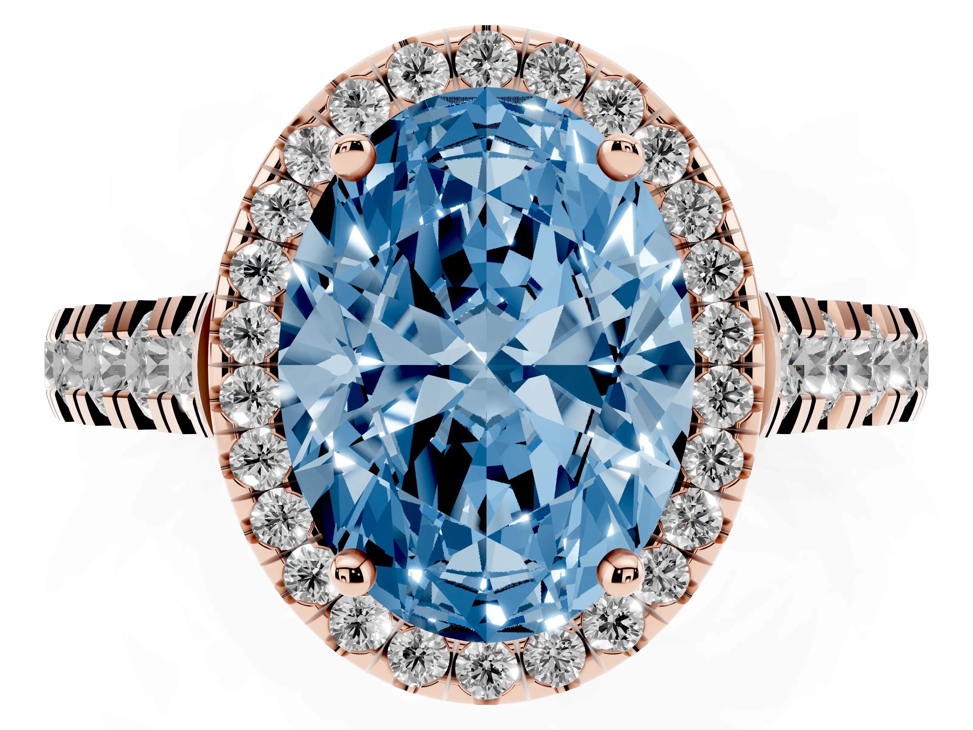 Fancy Blue Oval Cut Diamond Halo Engagement Ring Set in Rose gold with Pavé Band and Prong-Set Center